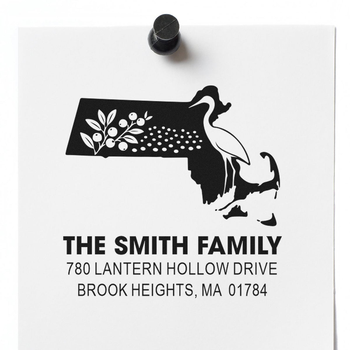 Custom family address rubber stamp with Massachusetts state design, Smith family name, and Brook Heights, MA 01784.