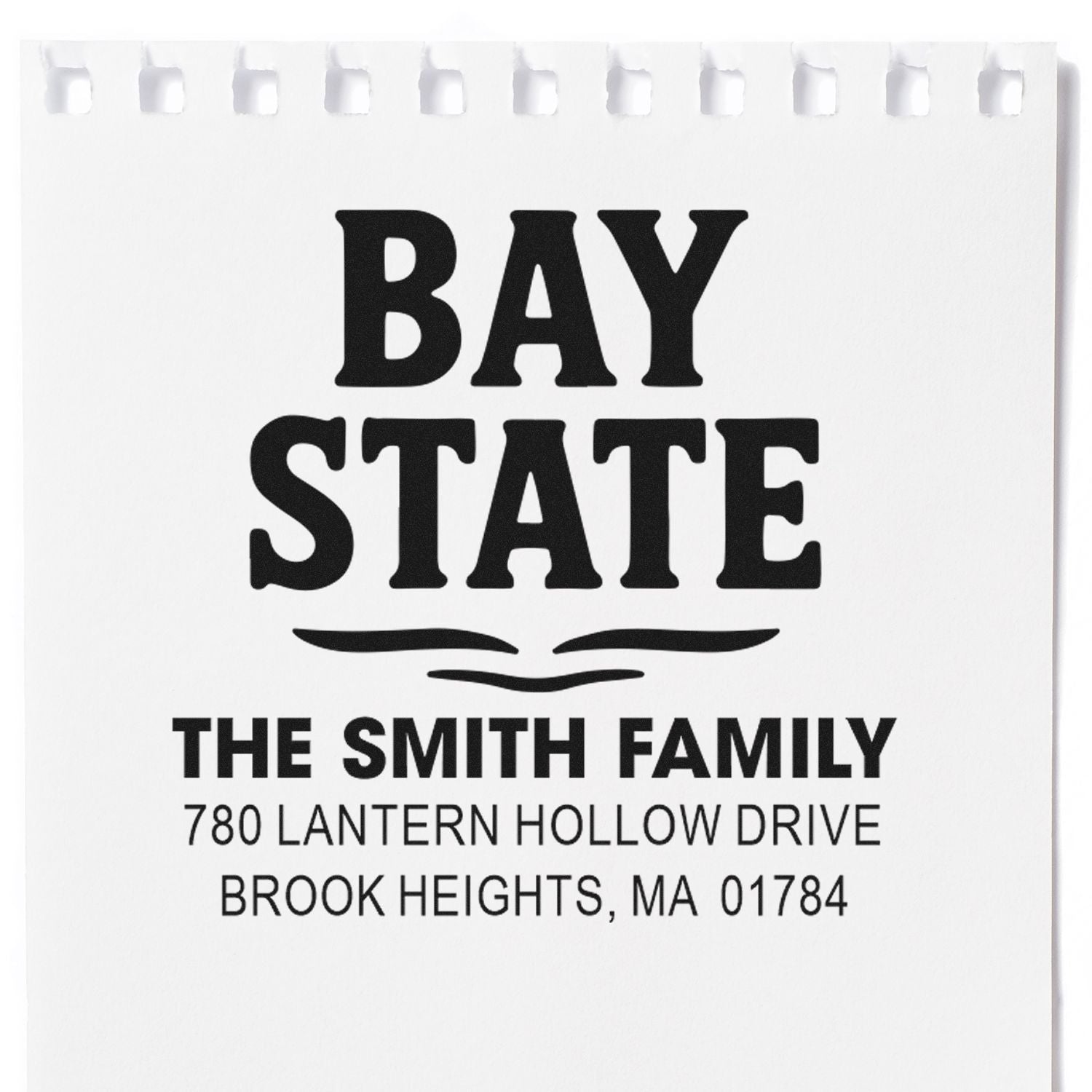 Custom Bay State return address rubber stamp for The Smith Family, 780 Lantern Hollow Drive, Brook Heights, MA 01784.