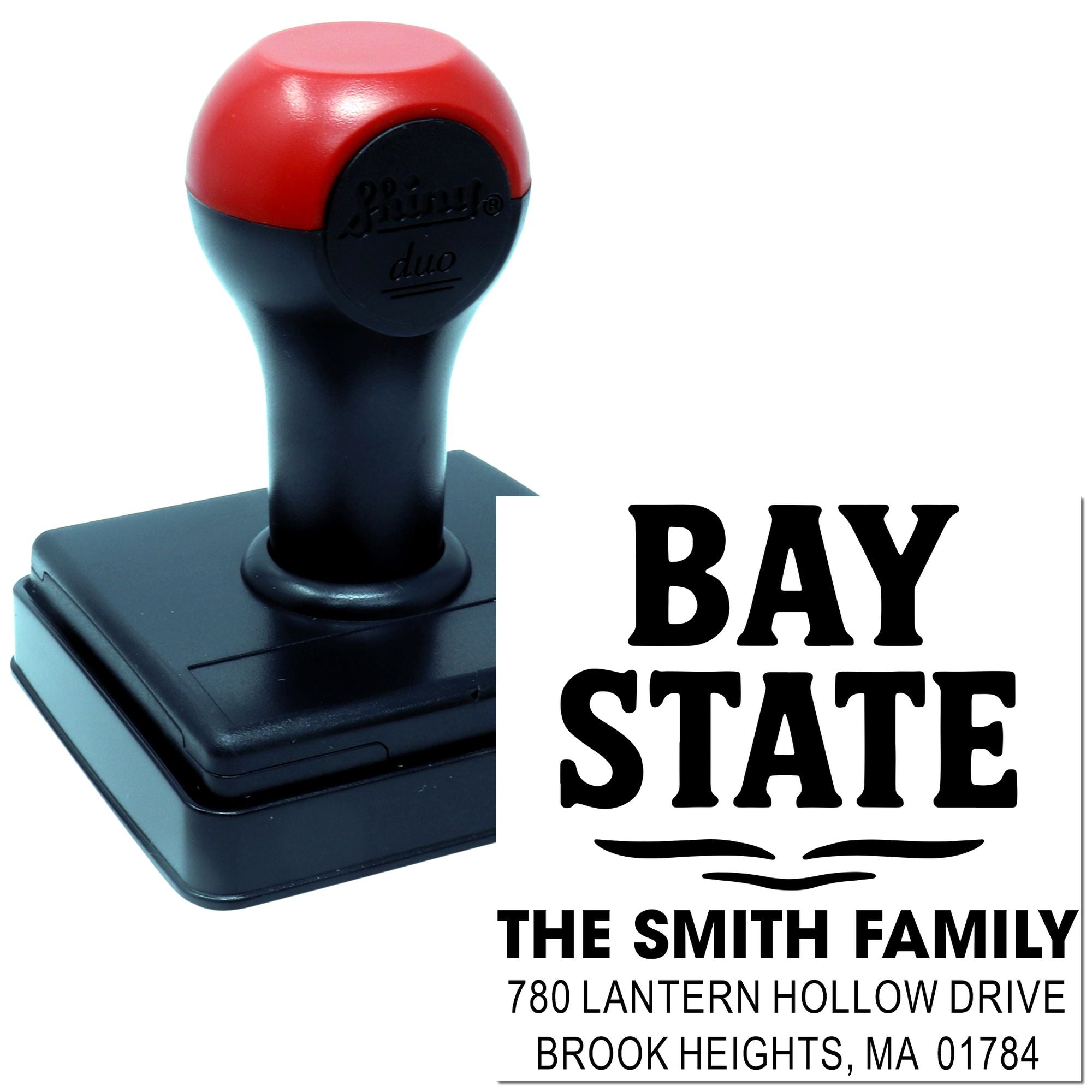 Custom self-inking rubber address stamp for the Smith family, Bay State design with name and mailing address.