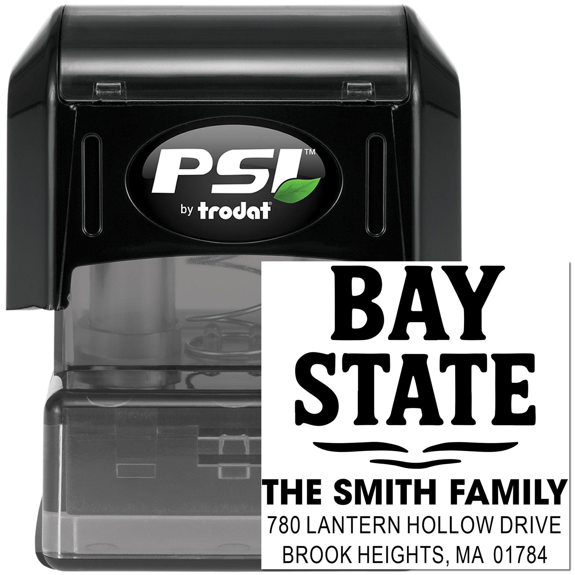 Custom self-inking address rubber stamp with Bay State design for The Smith Family, Brook Heights, MA.