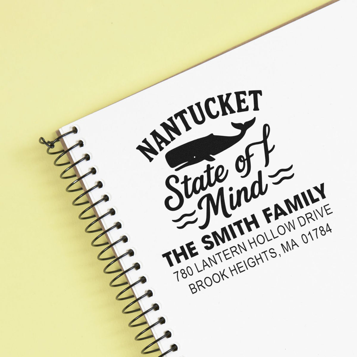 Personalized Nantucket address rubber stamp with whale design for The Smith Family home stationery.