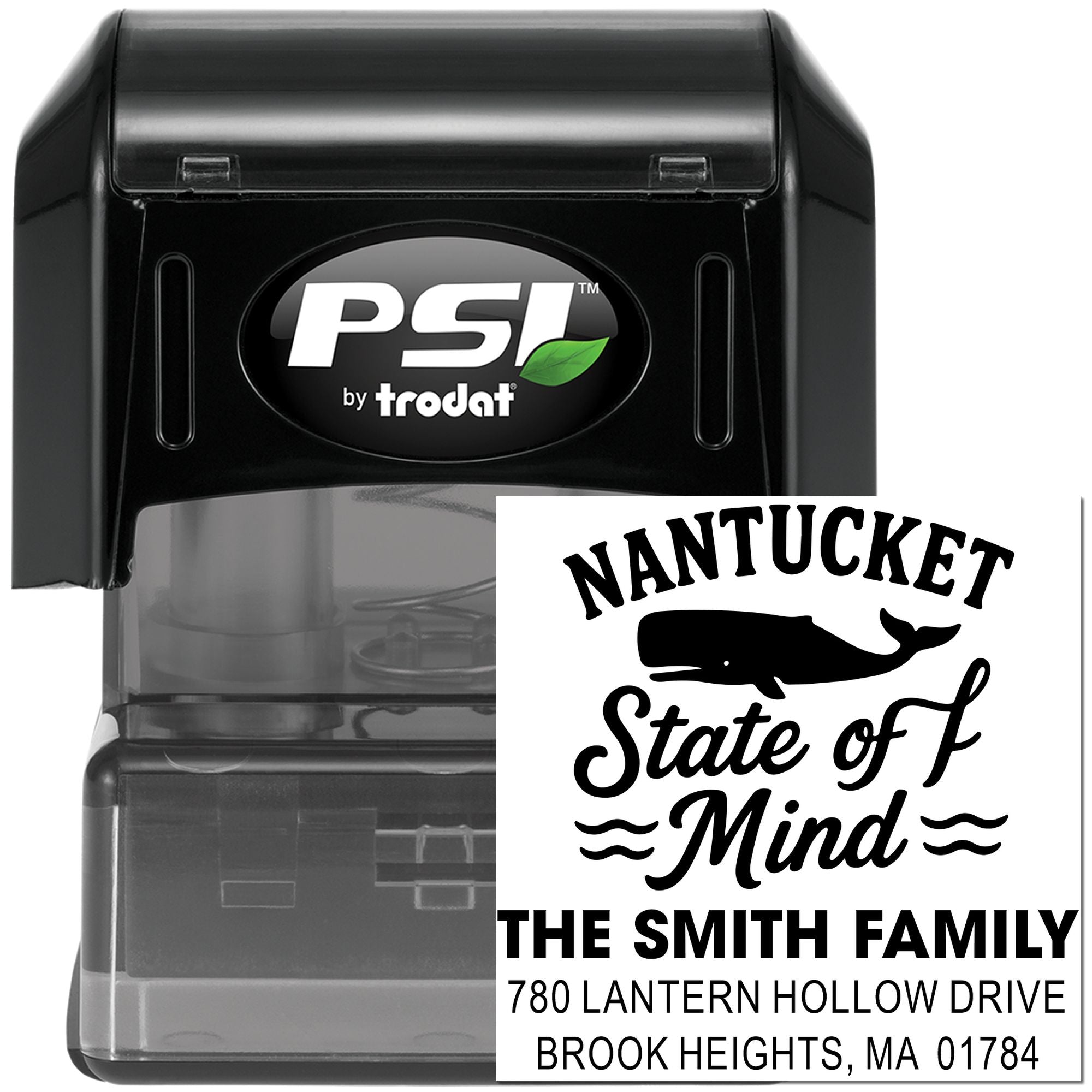 Custom self-inking rubber address stamp with Nantucket State of Mind whale design and The Smith Family return address.
