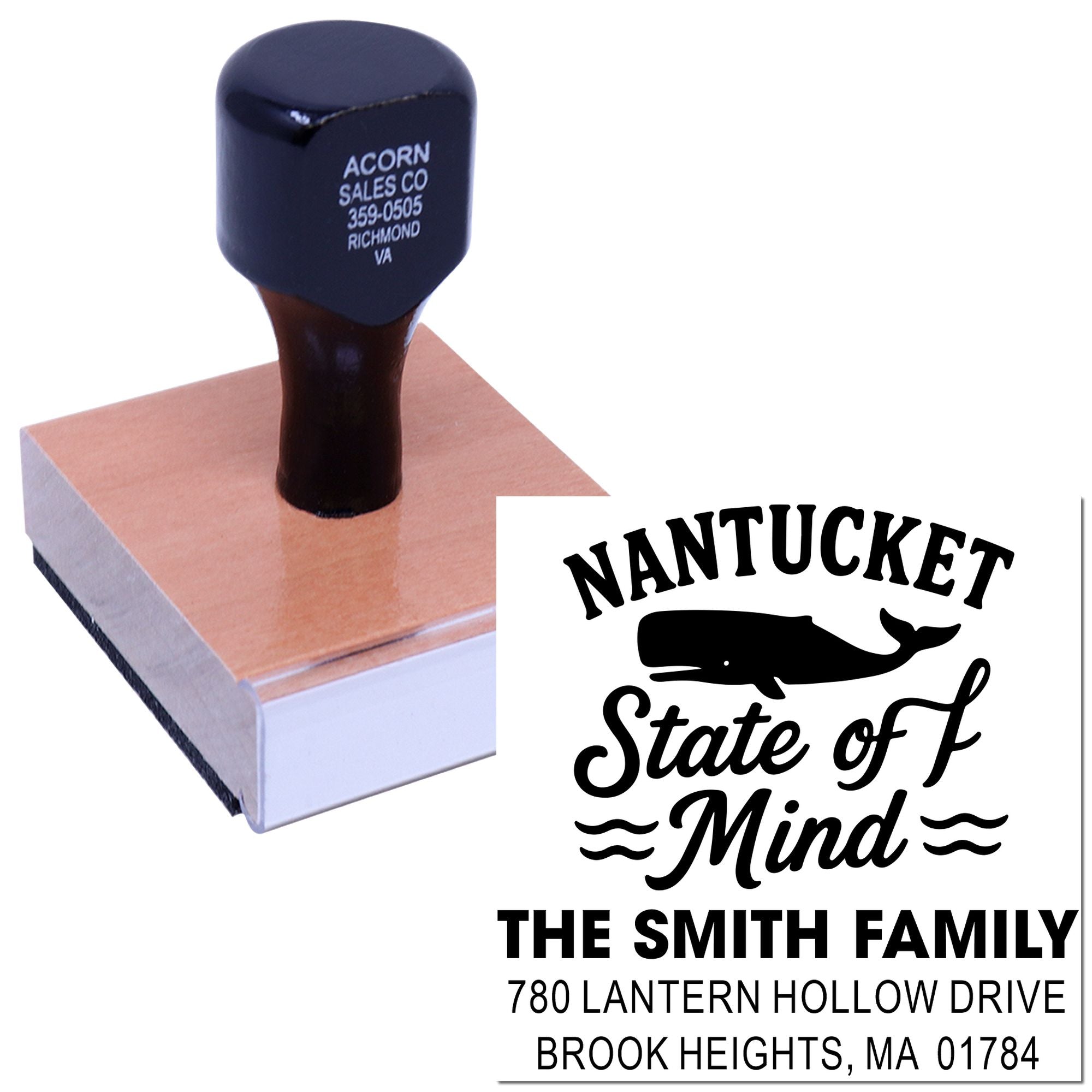 Custom rubber address stamp with Nantucket State of Mind design and family name imprint.