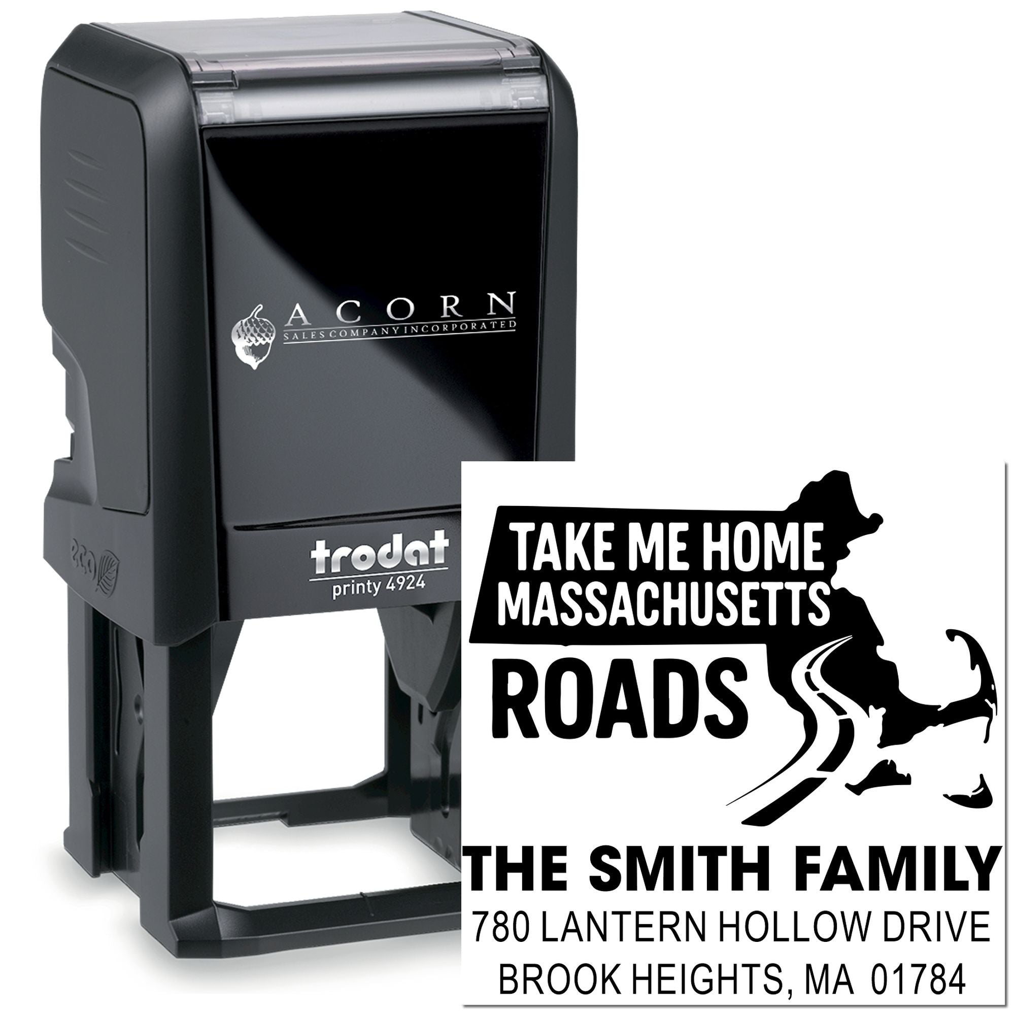 Custom self-inking rubber stamp, Trodat Printy 4924, with Massachusetts road design and personalized family address imprint.