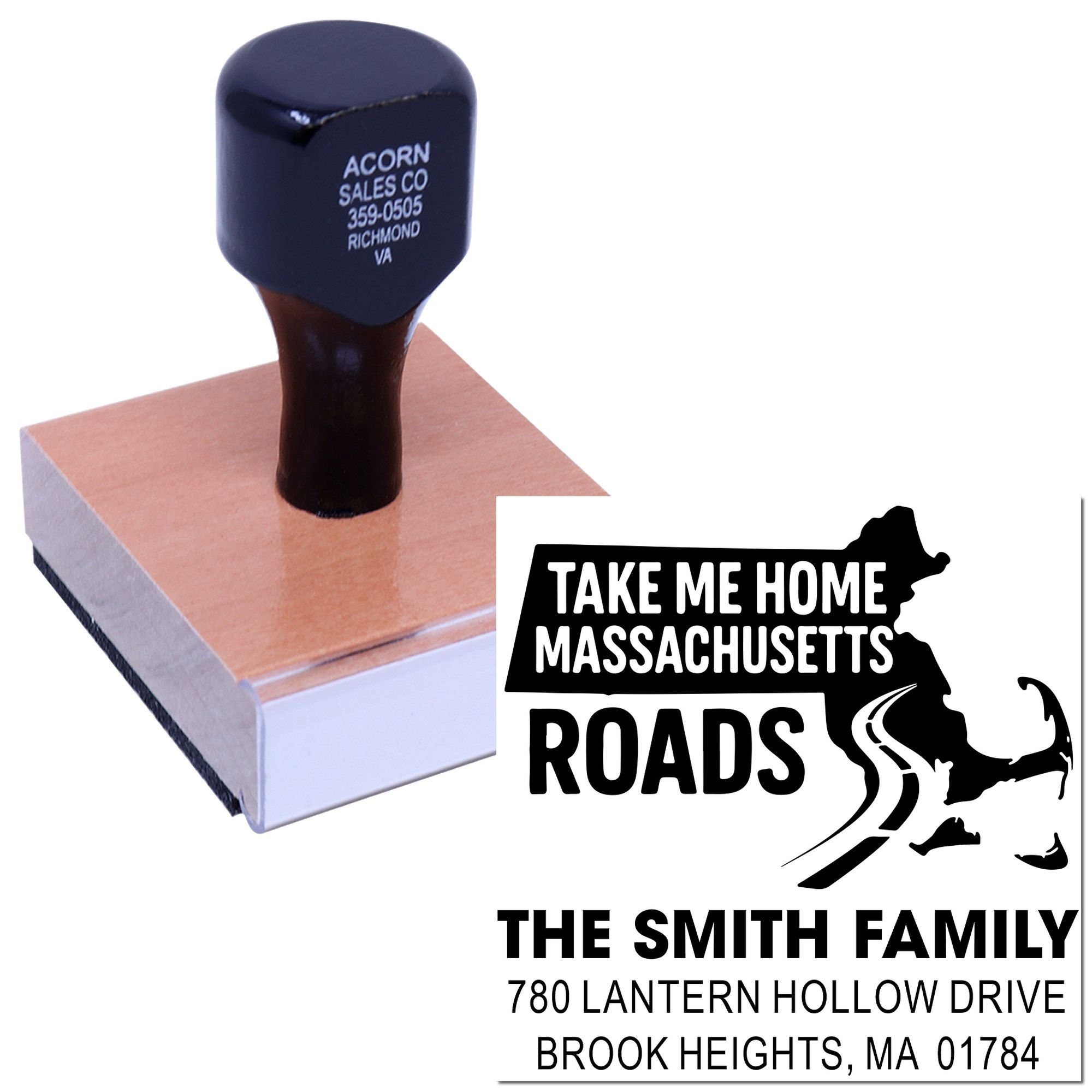 Custom rubber address stamp with Massachusetts Take Me Home Roads design and family return address imprint.