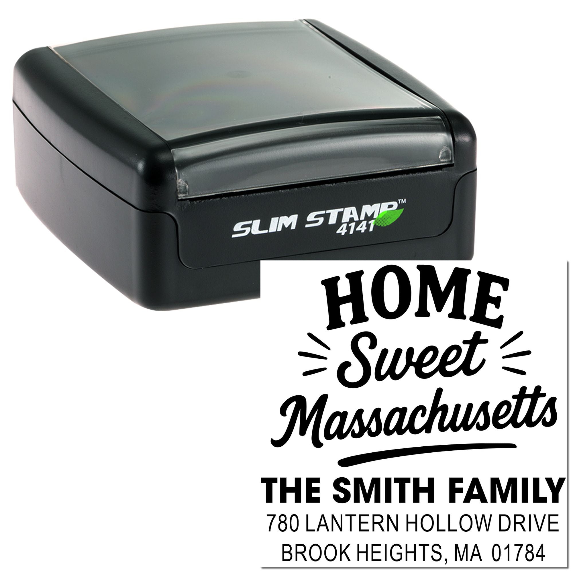 Custom home address rubber stamp with Home Sweet Massachusetts and Smith family return address for mail labeling.