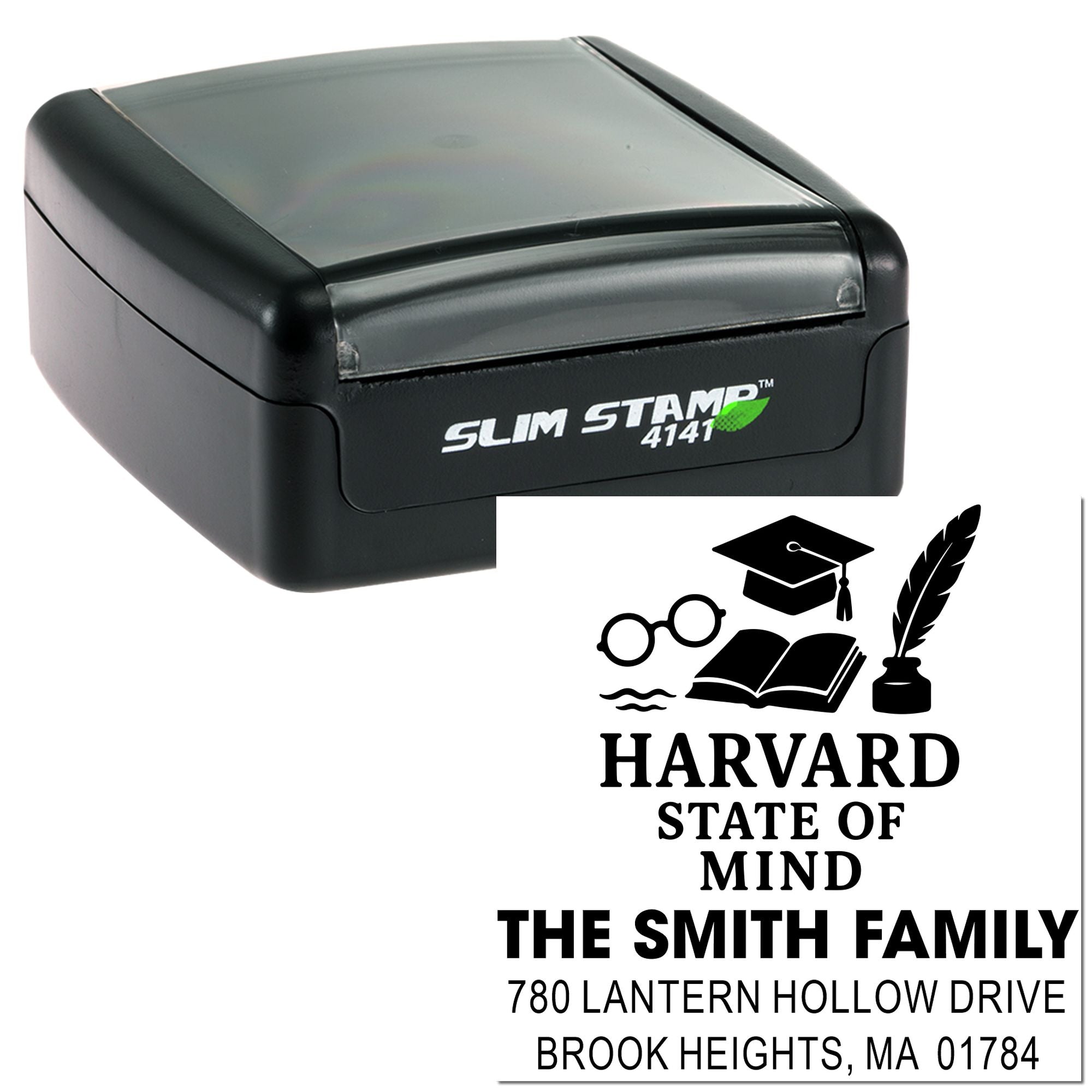 Self-inking rubber stamp with custom Harvard State of Mind family return address imprint and Slim Stamp 4141 case.