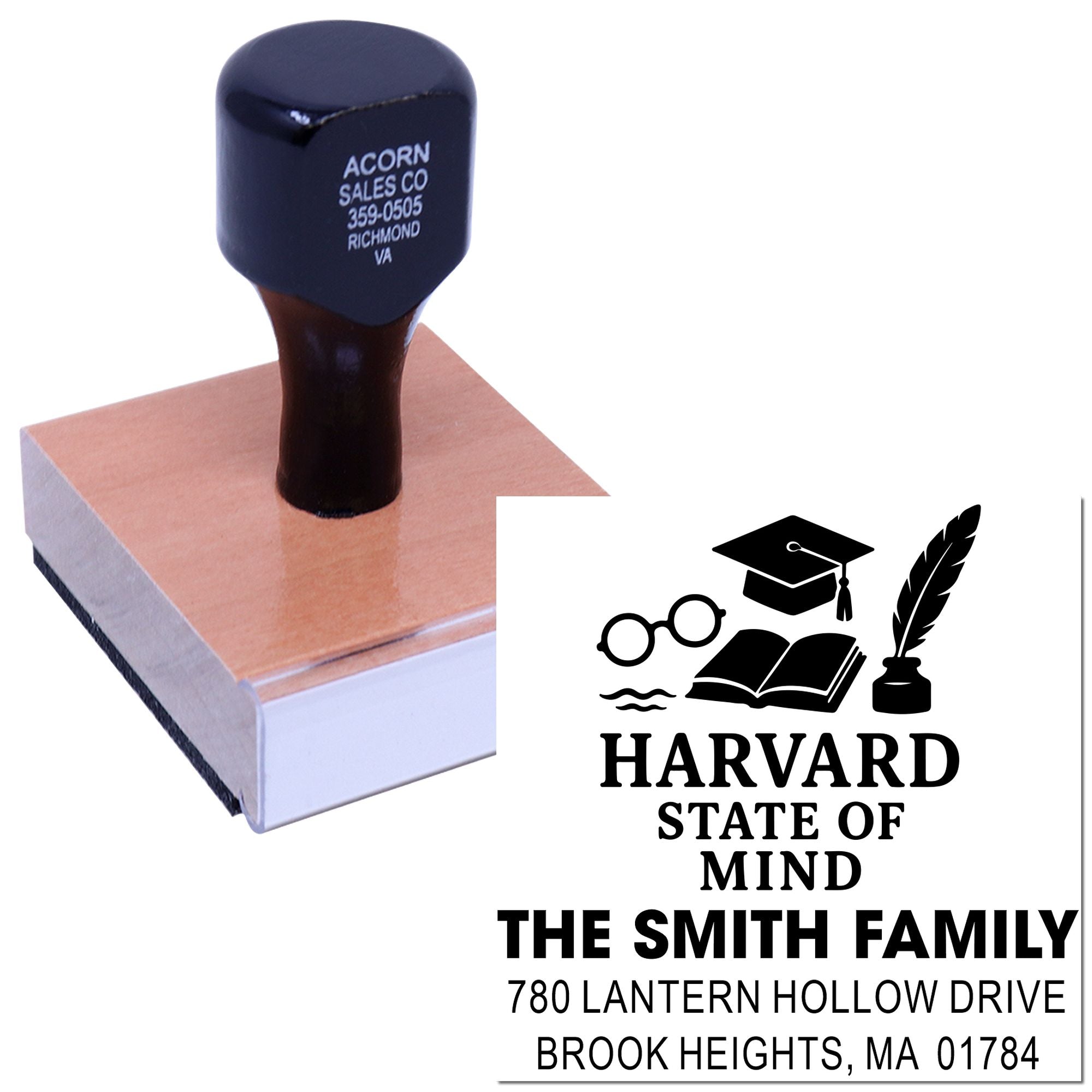 Custom rubber address stamp with Harvard State of Mind design, featuring The Smith Family name and mailing address.