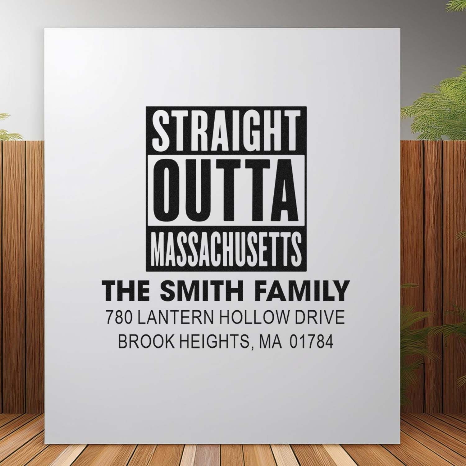 Personalized return address rubber stamp with Straight Outta Massachusetts design for The Smith Family.