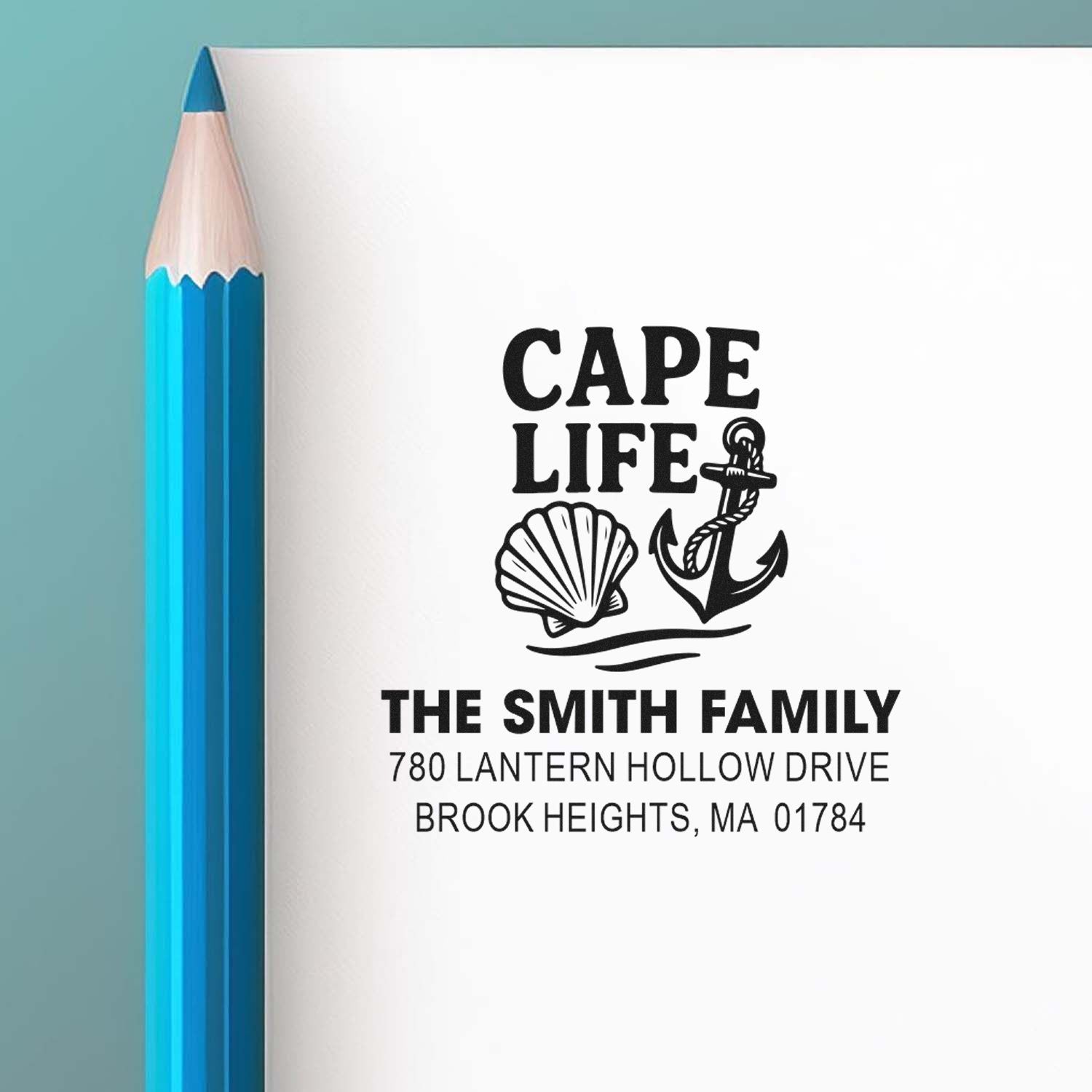 Personalized Cape Life return address rubber stamp with anchor and shell design for coastal family stationery.