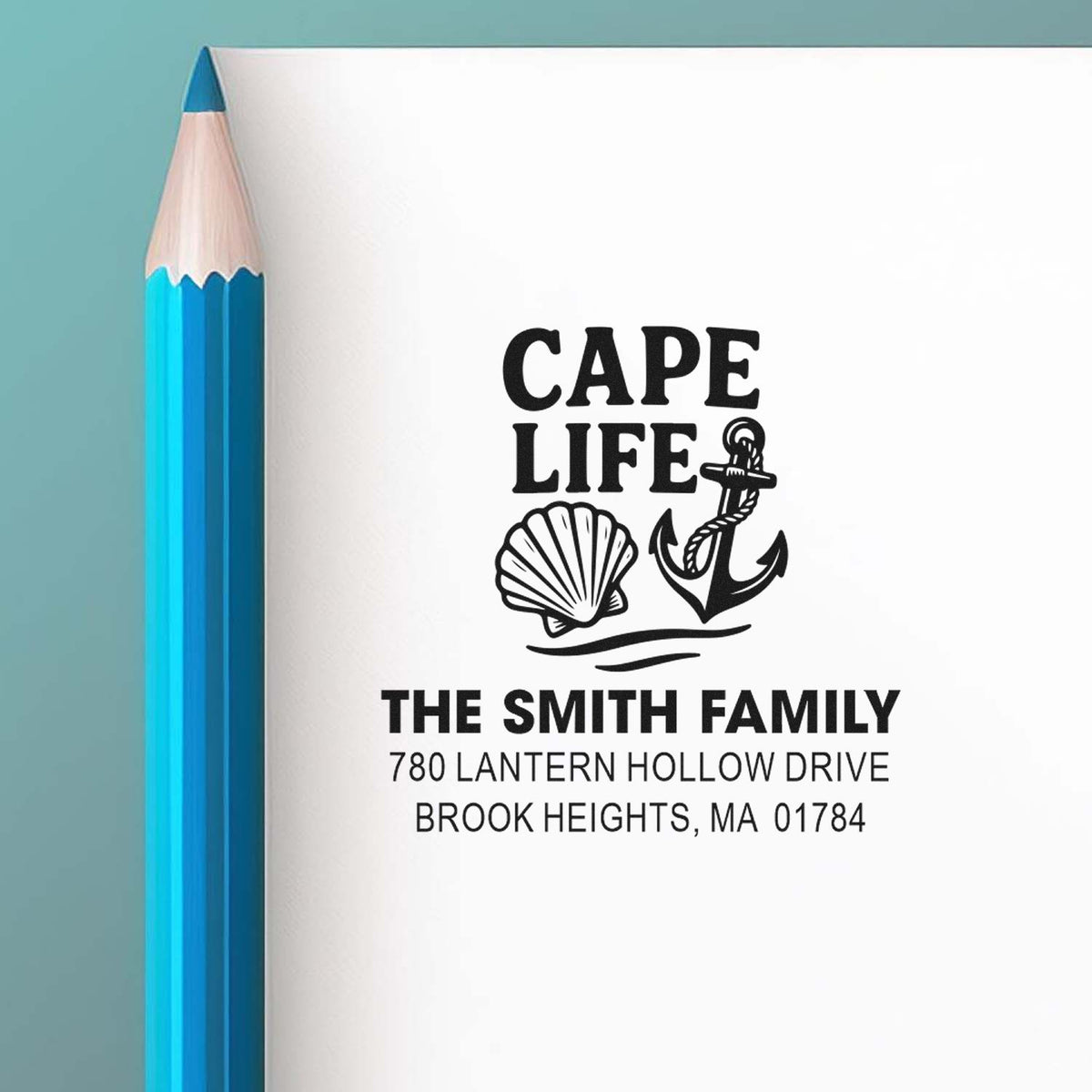 Custom Cape Life address rubber stamp for The Smith Family with anchor and shell design.