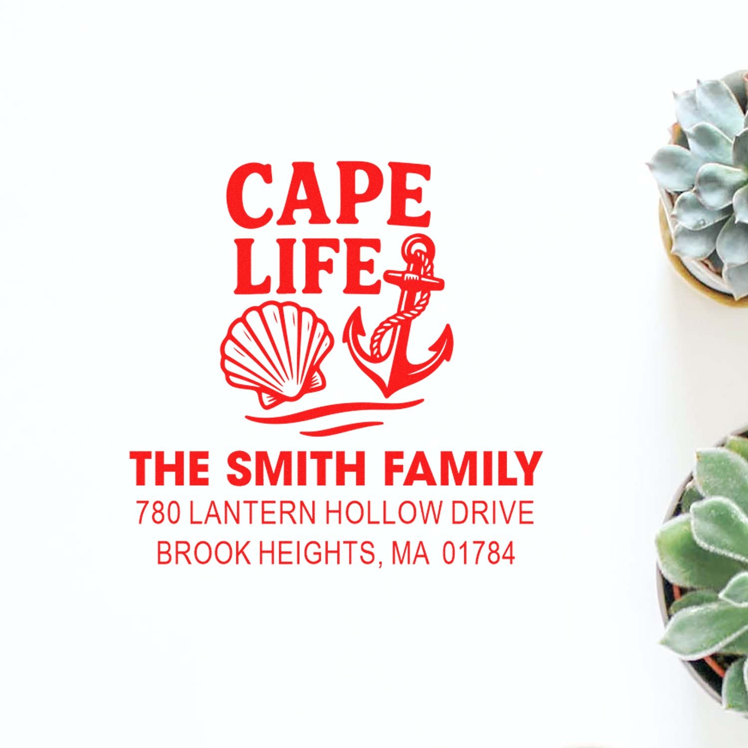 Custom Cape Life return address rubber stamp with anchor and seashell design for The Smith Family, Brook Heights, MA.
