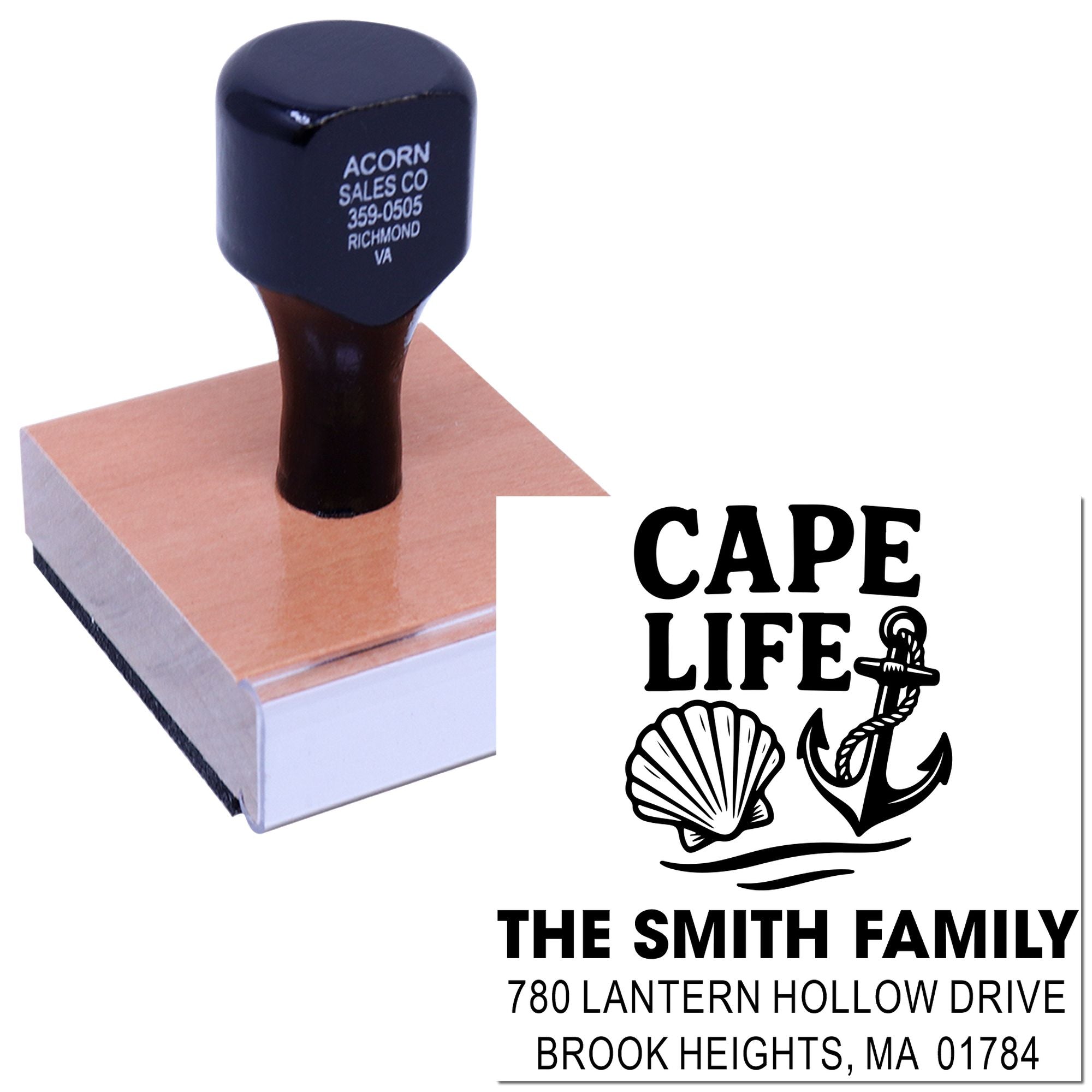 Personalized Cape Life rubber address stamp with anchor and shell design for The Smith Family mailing and branding.