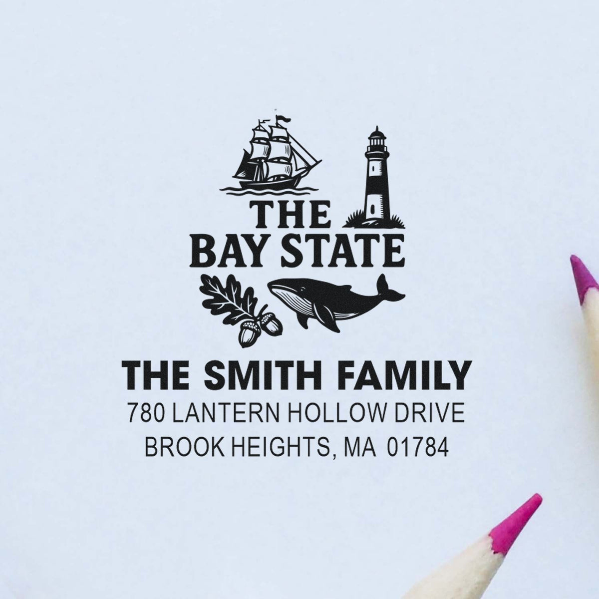 Custom family address rubber stamp with nautical Bay State design, Smith family name, and Brook Heights, MA return address.