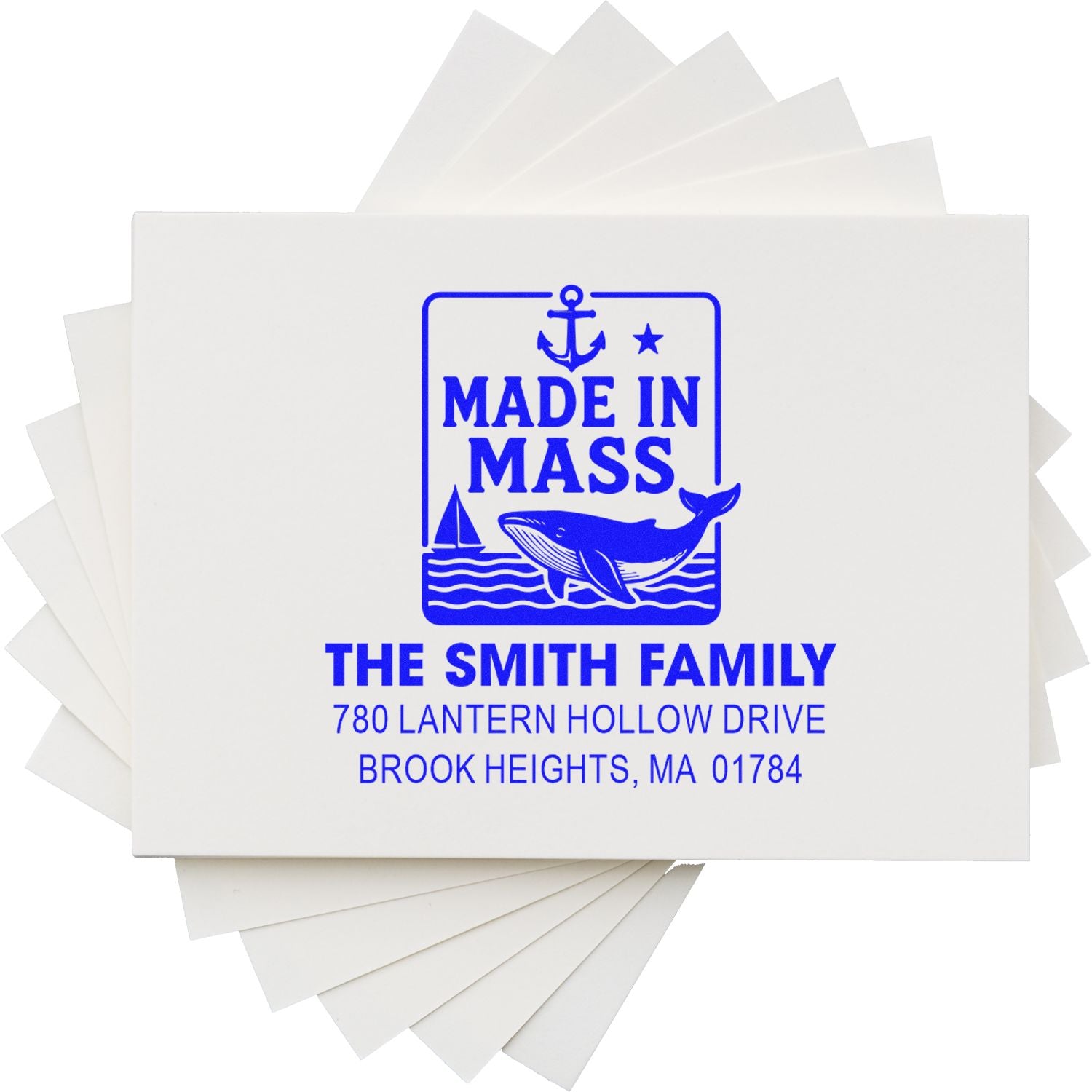 Custom return address rubber stamp with Made in Mass. whale design for The Smith Family, Brook Heights, MA.
