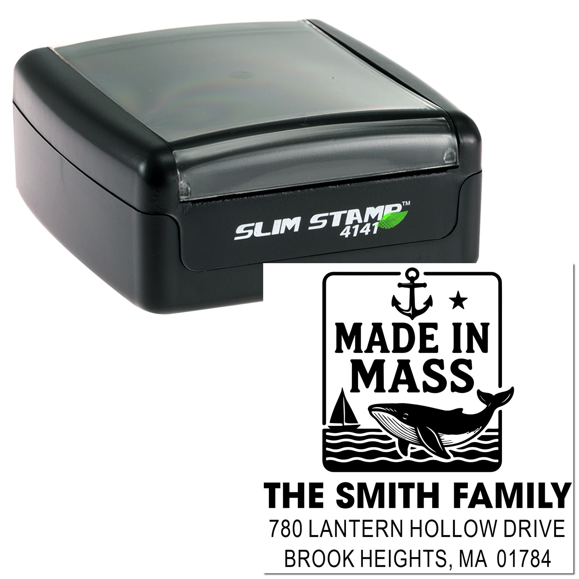 Slim self-inking rubber stamp with custom Made in Mass family address design for personalized mailing and packaging.