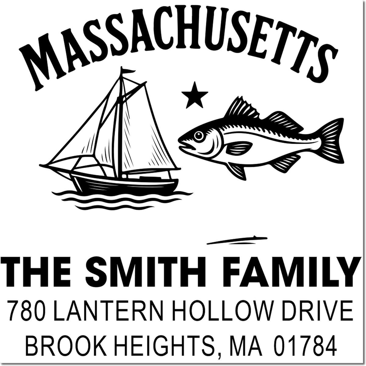 Custom nautical return address rubber stamp for The Smith Family, with sailboat and fish design, Brook Heights, MA