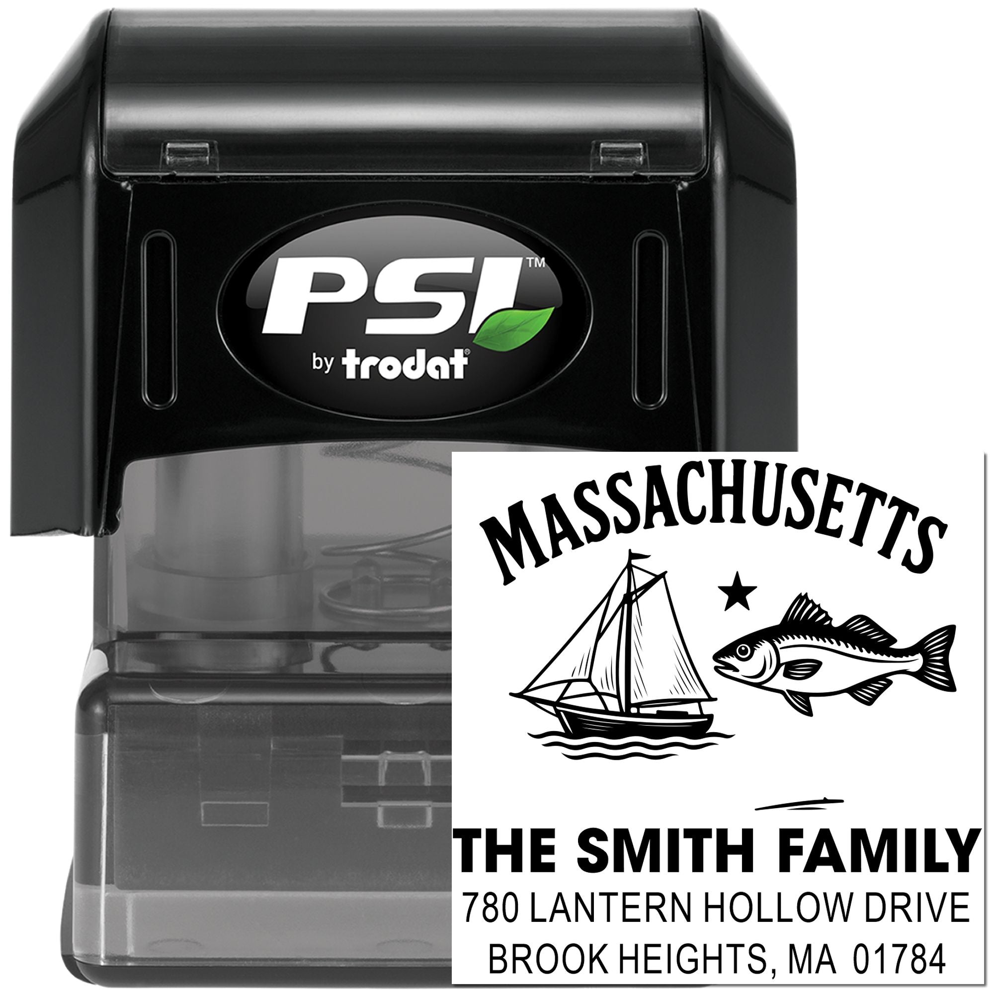 Custom Massachusetts address rubber stamp with sailboat and fish design, PSI by Trodat self-inking stamp