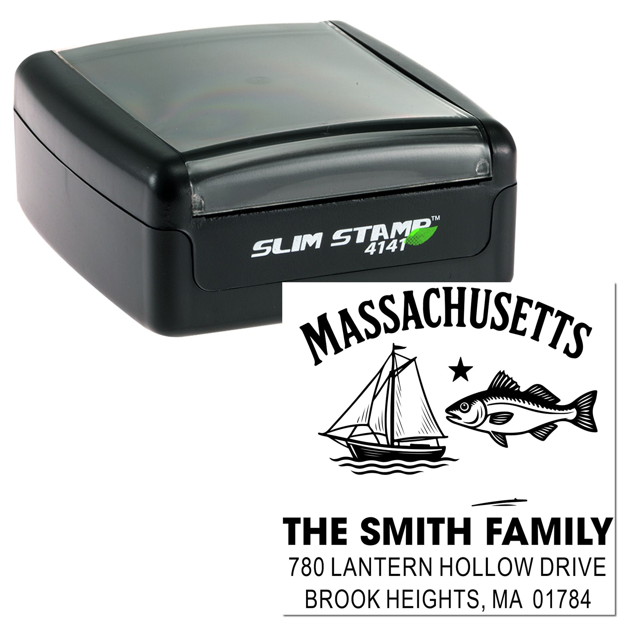 Slim self-inking rubber stamp with custom Massachusetts return address design for The Smith Family mailing.