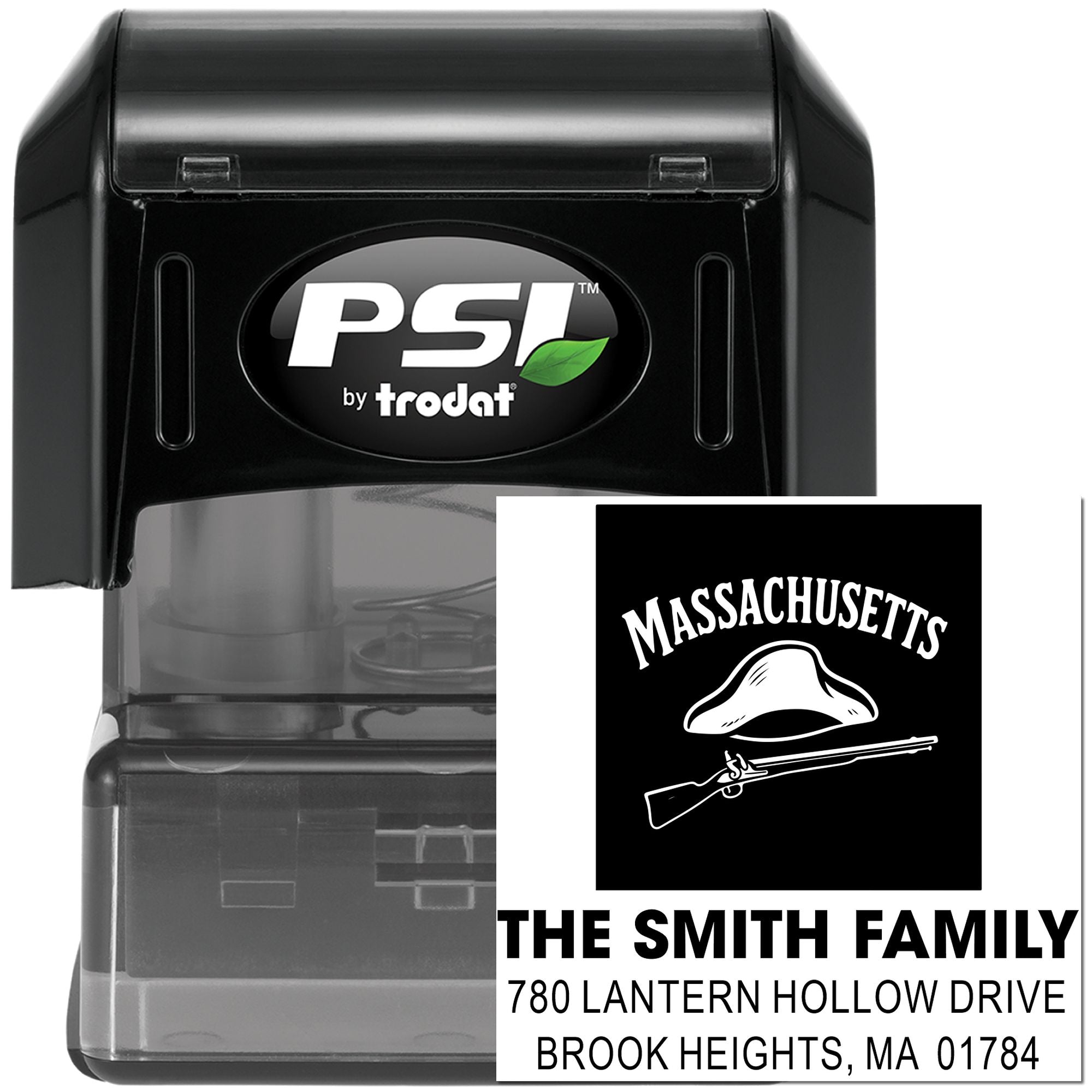 Custom self-inking return address rubber stamp for The Smith Family with Massachusetts design.