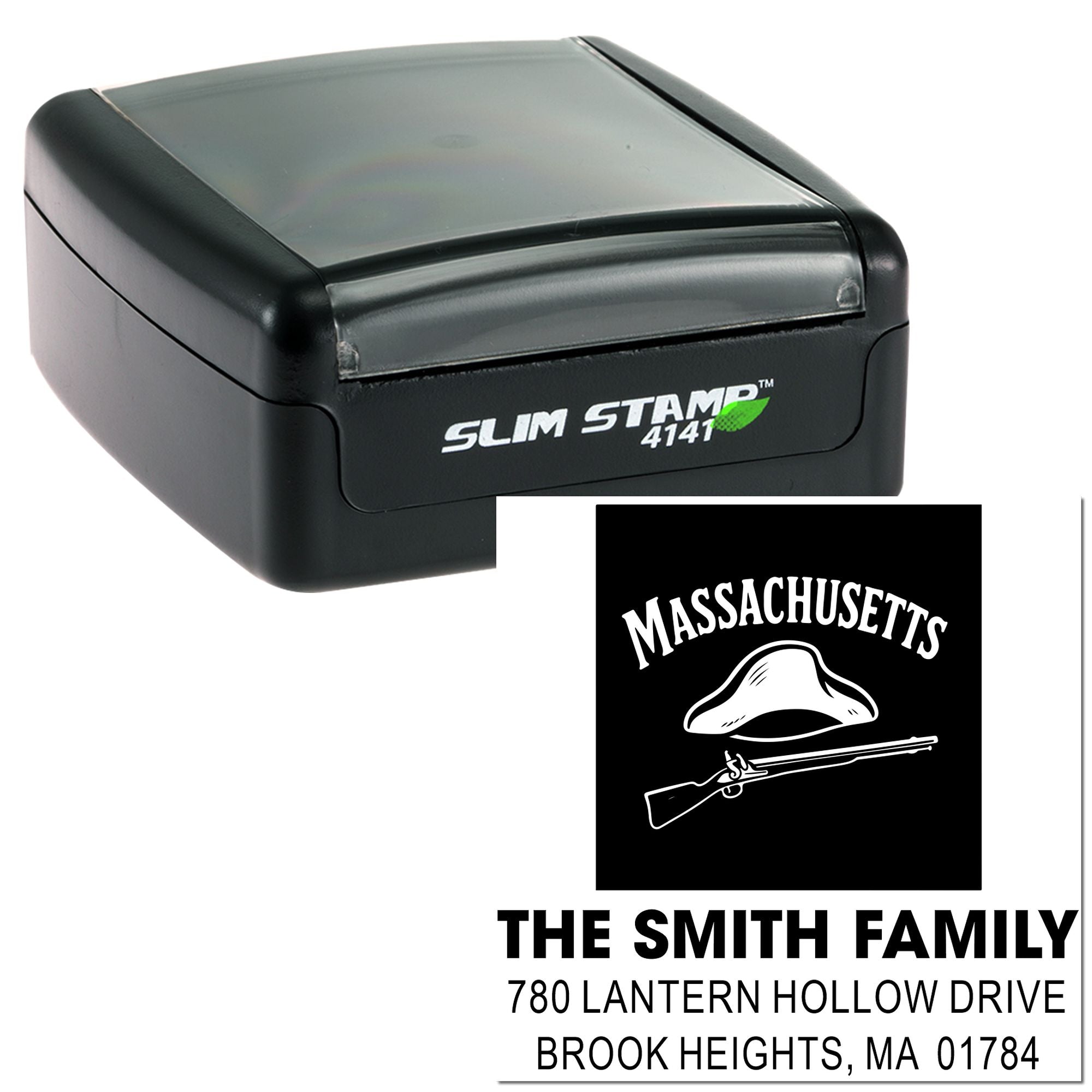 Slim Stamp self-inking custom rubber address stamp featuring Massachusetts hunting design and Smith family return address.
