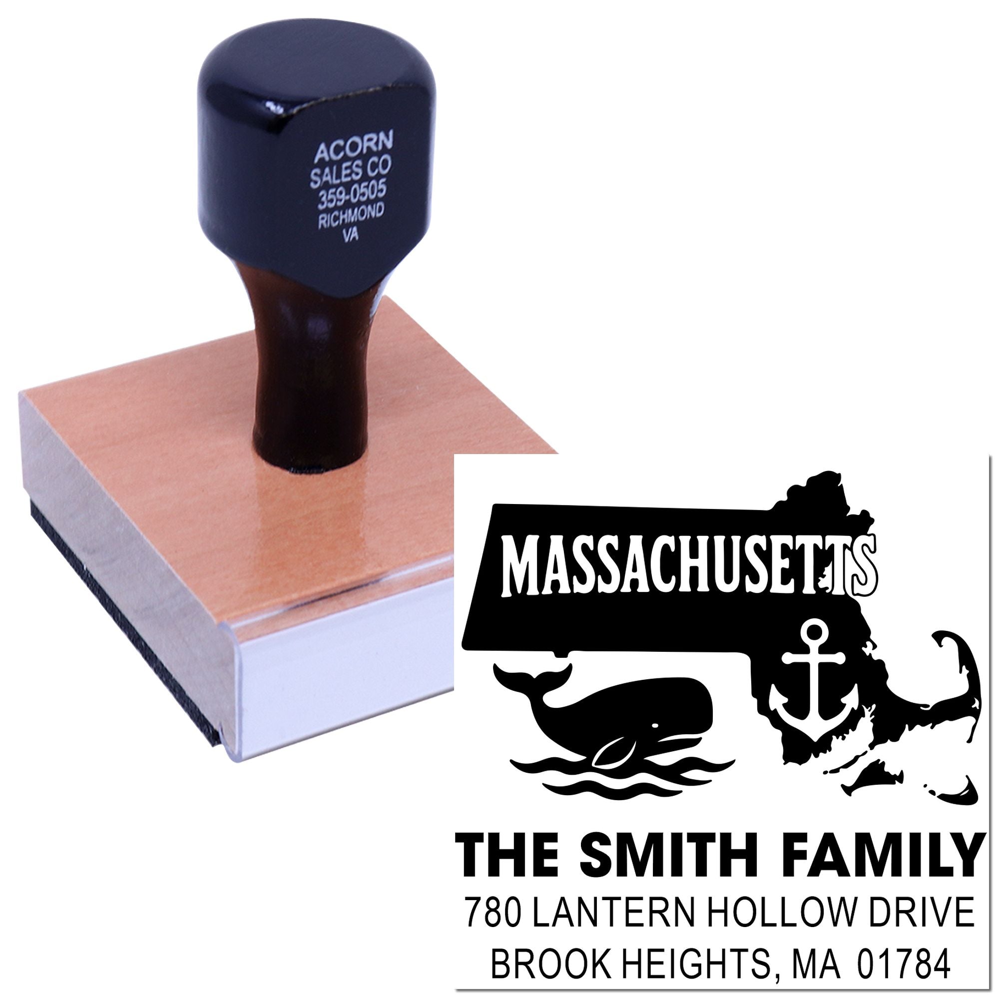 Personalized Massachusetts address rubber stamp for The Smith Family with whale and anchor design.