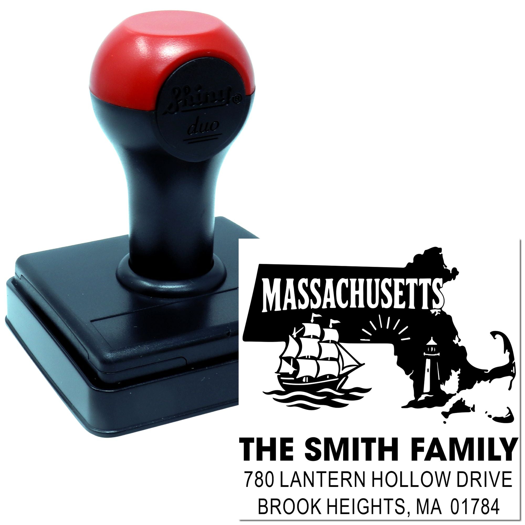 Personalized Massachusetts return address rubber stamp, self-inking, for The Smith Family.