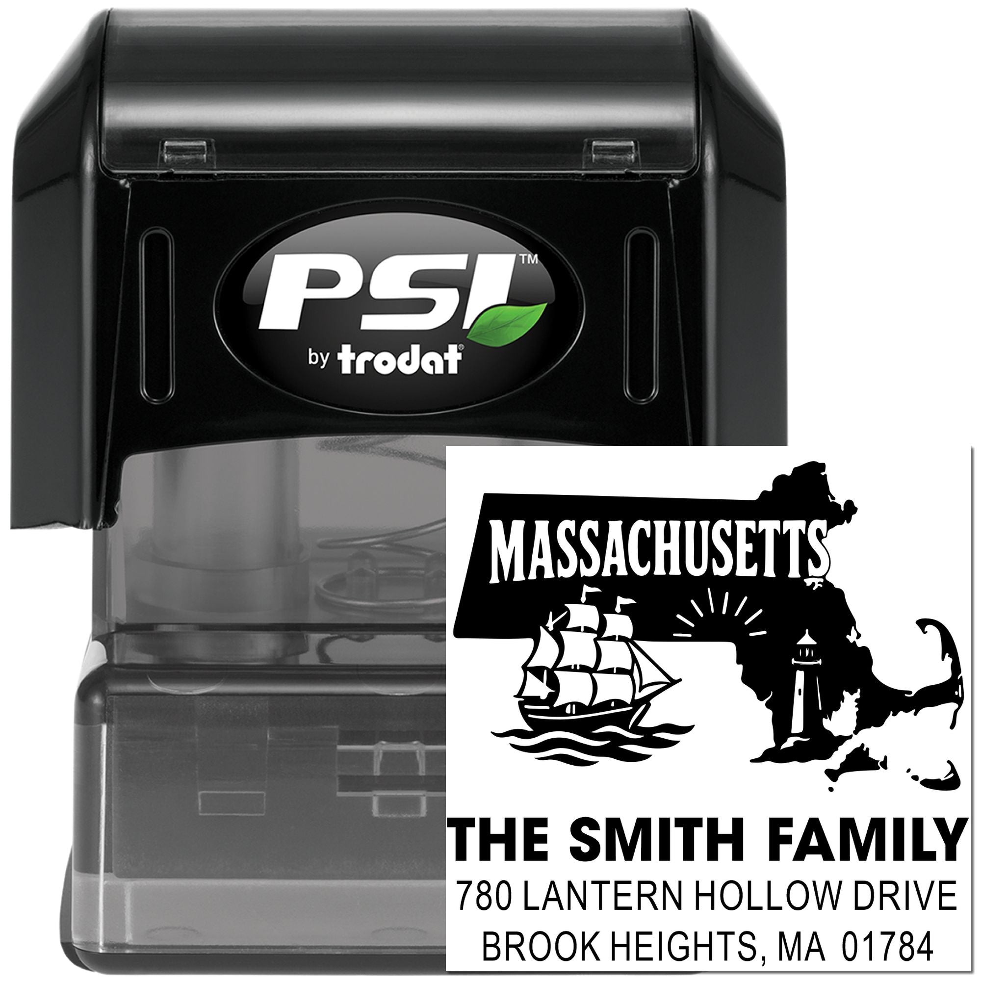 Personalized Massachusetts return address rubber stamp with family name, ship design, and self-inking PSI by Trodat stamp.
