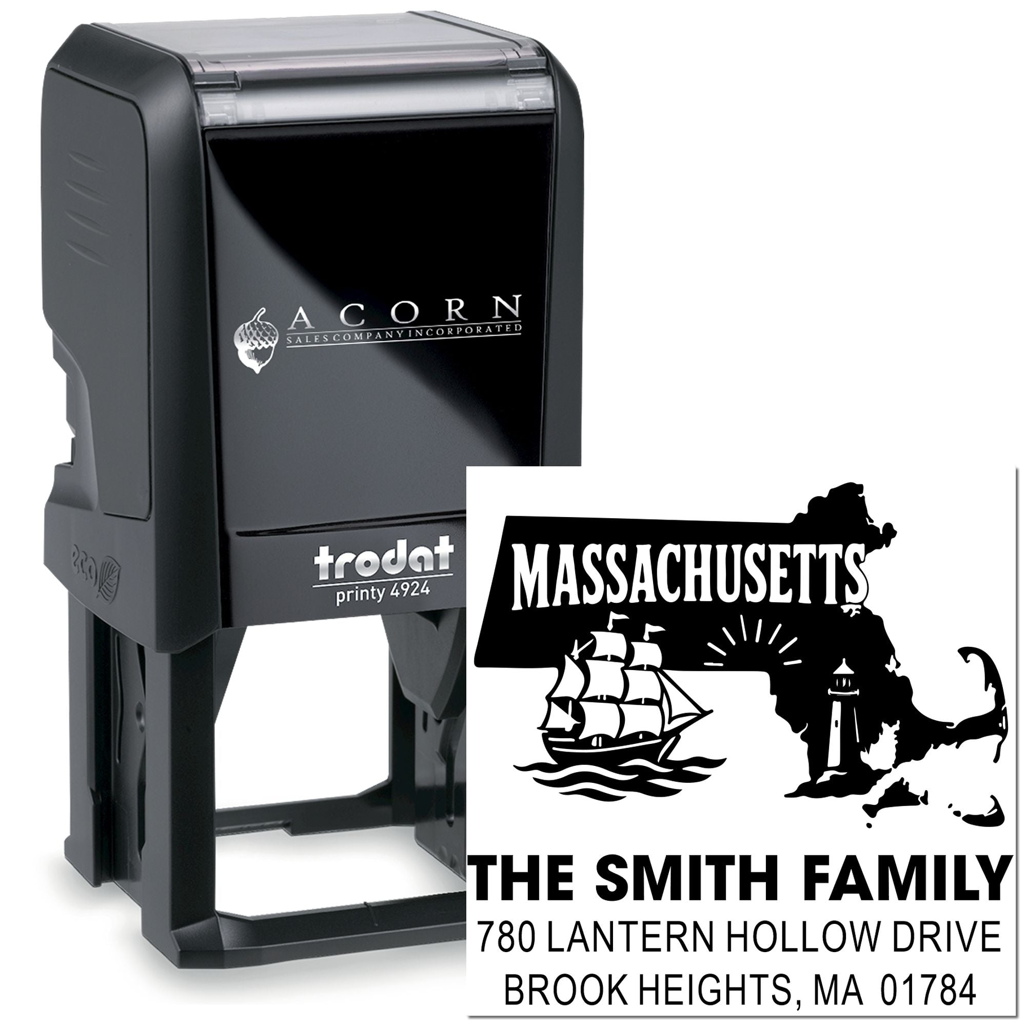 Custom self-inking rubber stamp with Massachusetts family return address design for mailing, crafts, and business use.