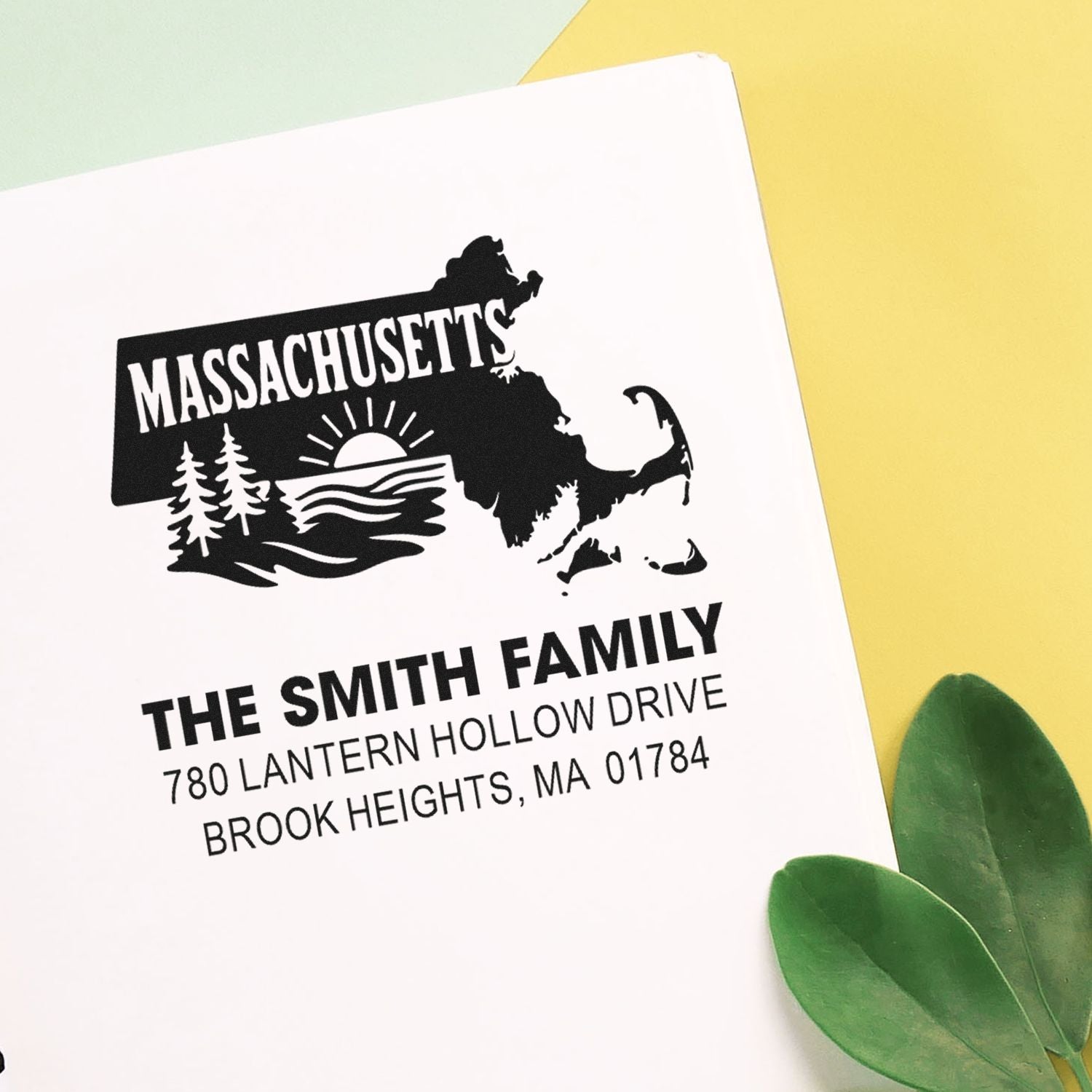 Personalized Massachusetts family address rubber stamp with state map design for custom return addressing.