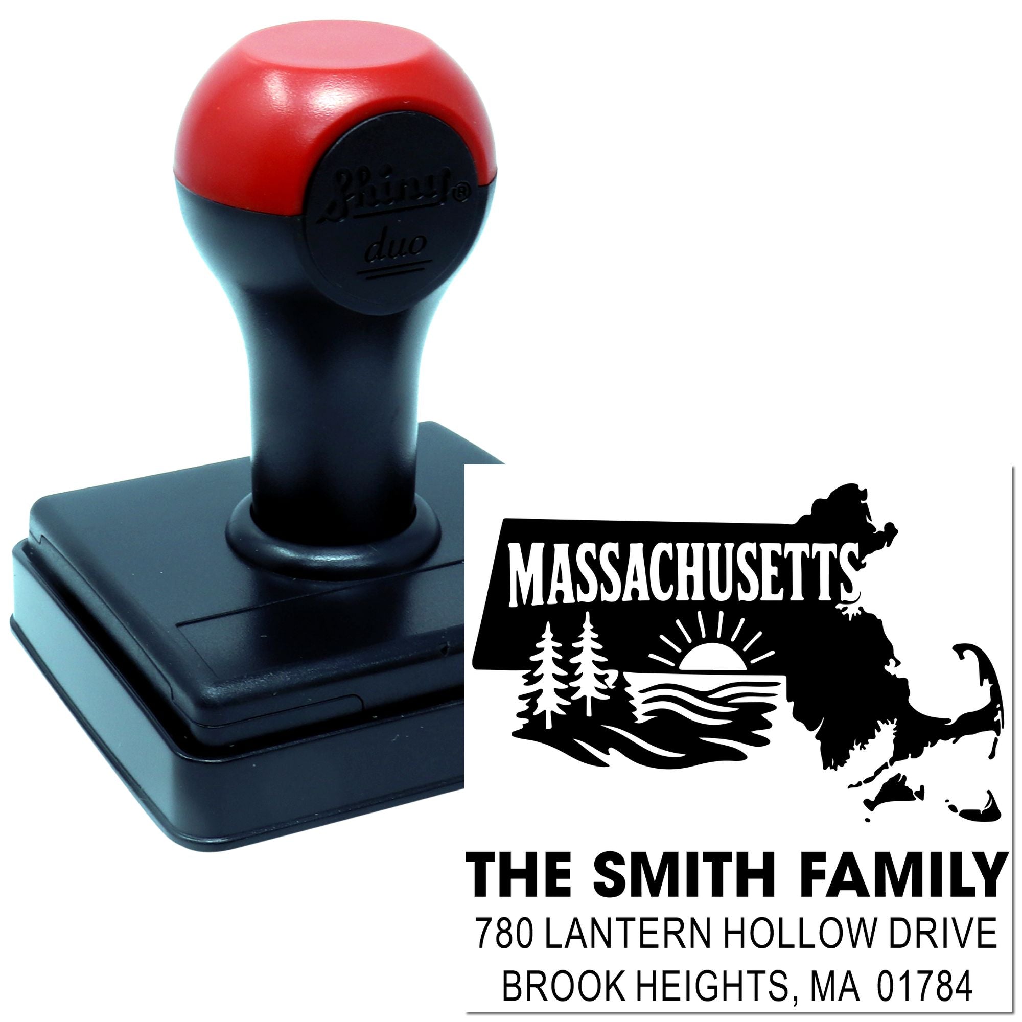 Personalized self-inking Massachusetts return address rubber stamp for The Smith Family.
