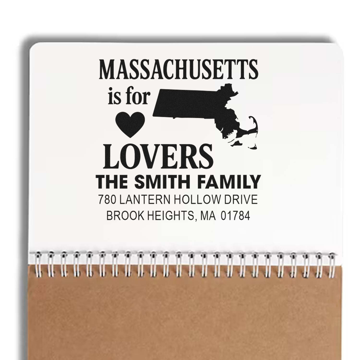 Massachusetts-themed custom return address rubber stamp with state outline, family name, and address.