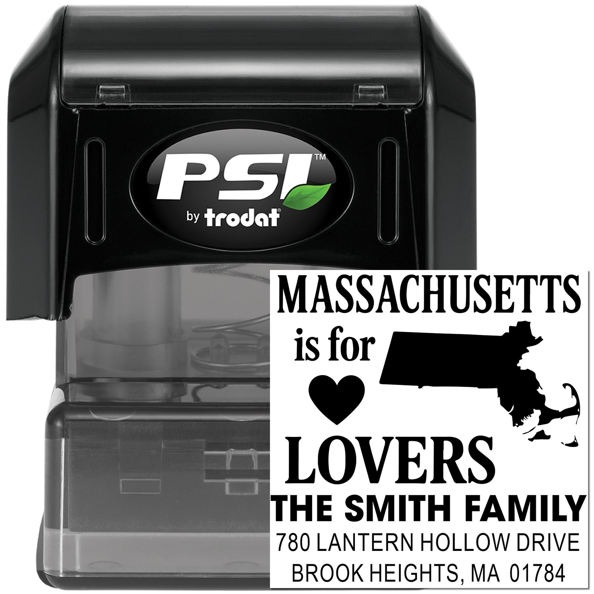 Custom self-inking return address stamp for the Smith family with Massachusetts state design, PSI by Trodat.