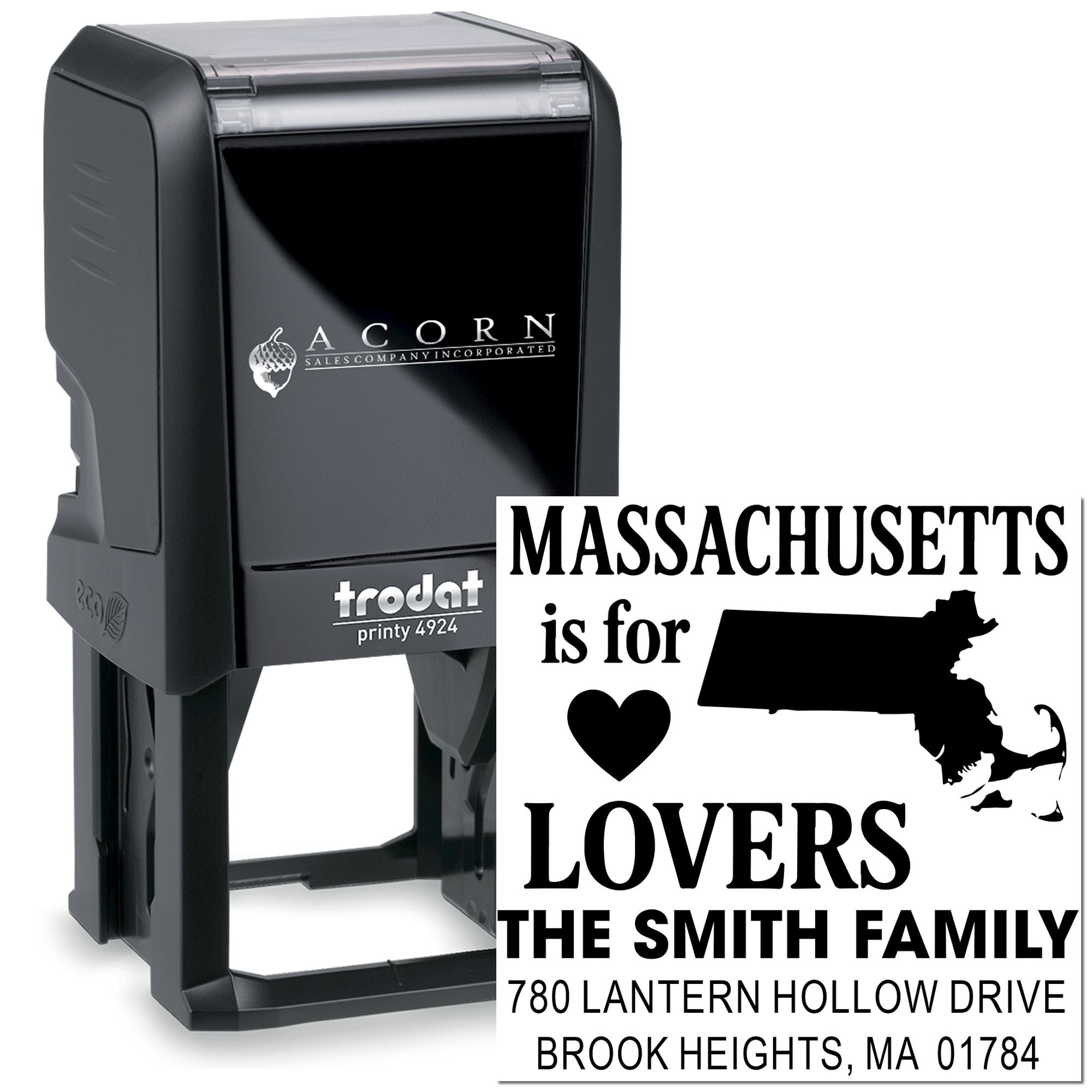 Custom self-inking rubber stamp with Massachusetts design and family address for personalized return mailings.