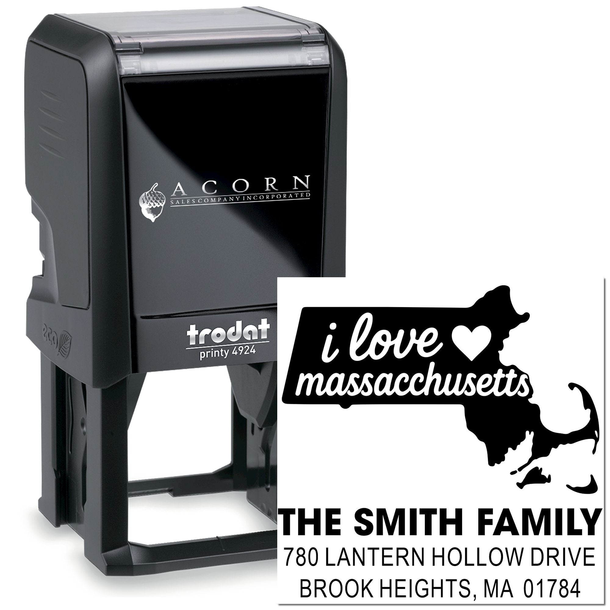 Trodat Printy 4924 custom self-inking rubber address stamp with Massachusetts design for personalized family return addresses.