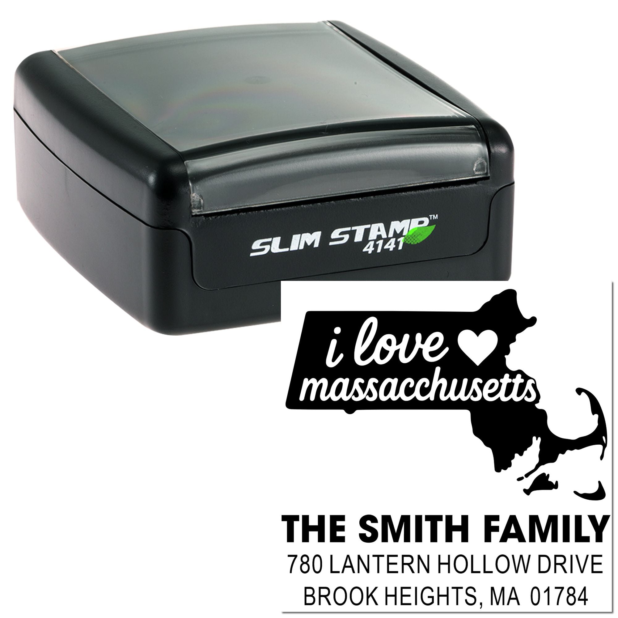 Custom self-inking rubber address stamp with Massachusetts map design, family name, and return address.