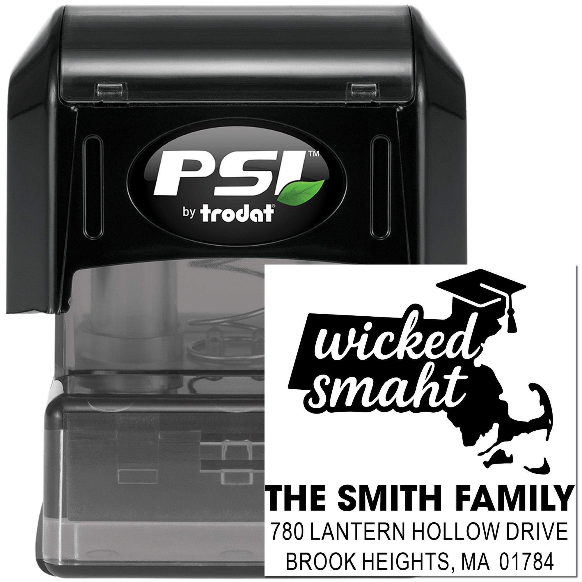 PSI by Trodat self-inking custom rubber stamp with Wicked Smaht Massachusetts return address design for family mail