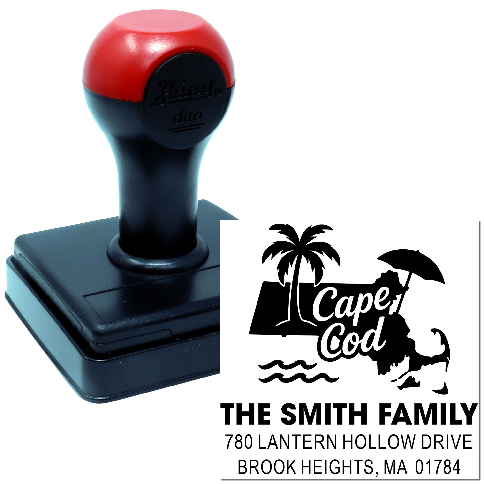 Cape Cod family address rubber stamp with palm tree design, custom name, and return address.