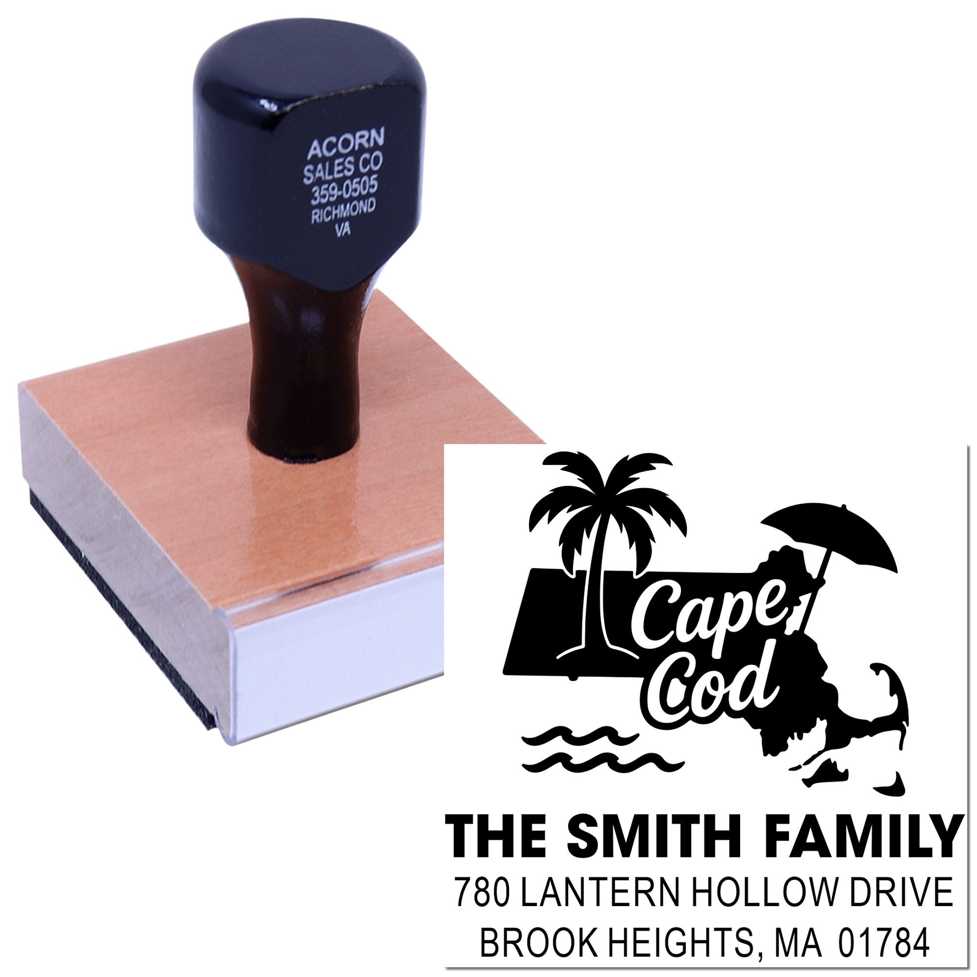 Custom Cape Cod return address rubber stamp for envelopes, featuring family name and coastal island design.
