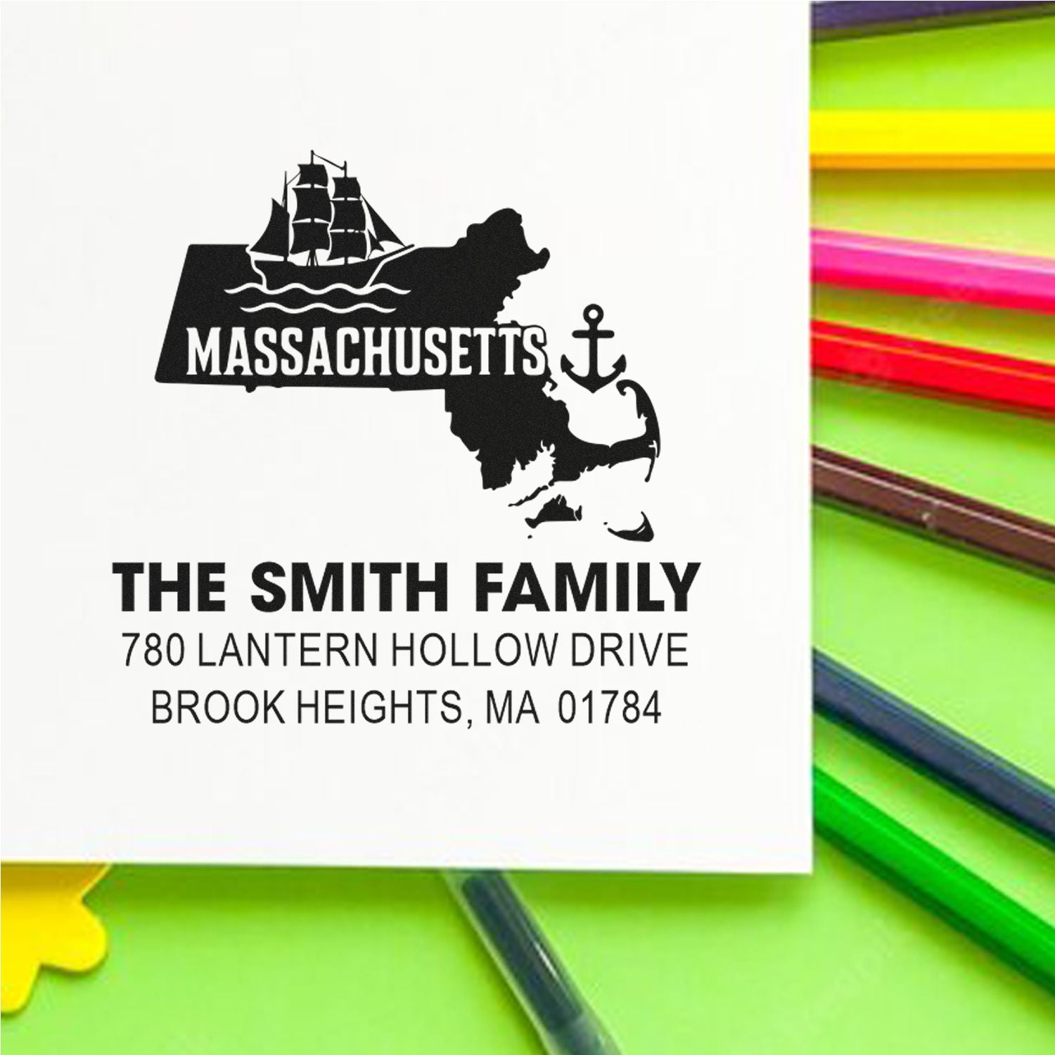 Custom Massachusetts return address rubber stamp for The Smith Family, featuring state outline, ship icon, and full mailing address.