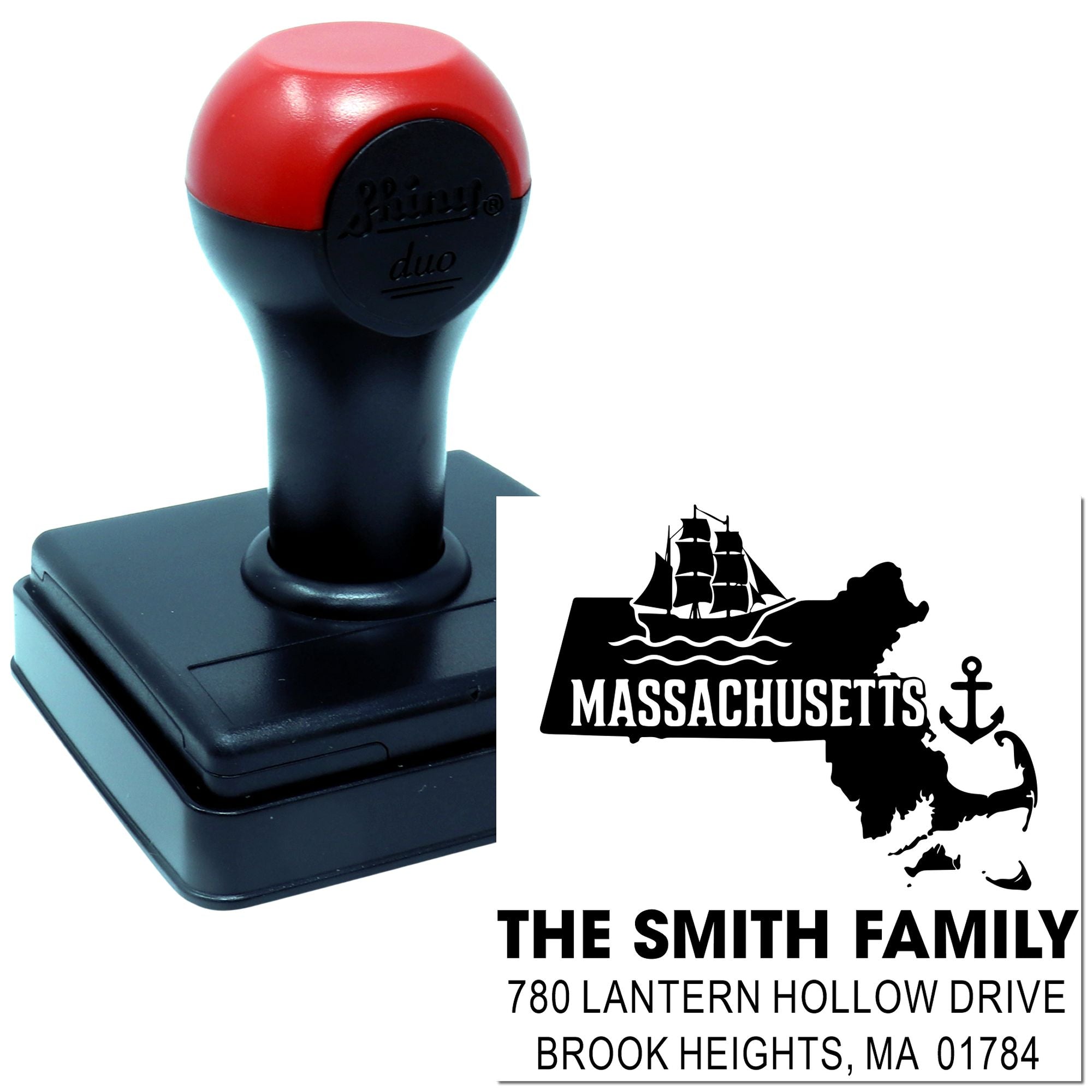 Custom self-inking rubber stamp for Massachusetts return address labels with family name, address and state map design.