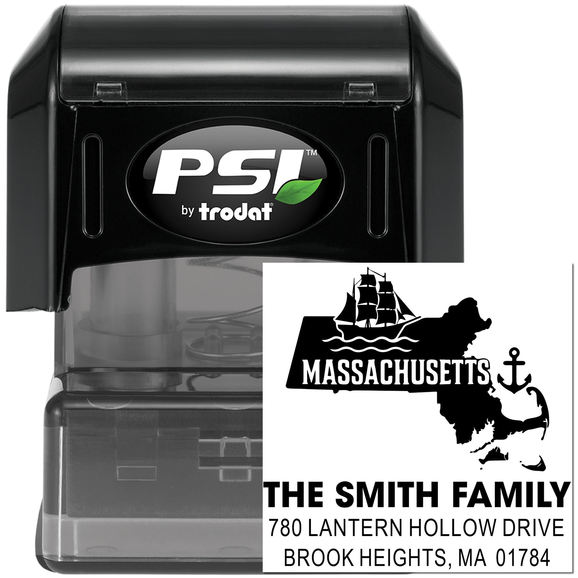 Custom Massachusetts return address rubber stamp, self-inking PSI by Trodat for family mail and envelopes.