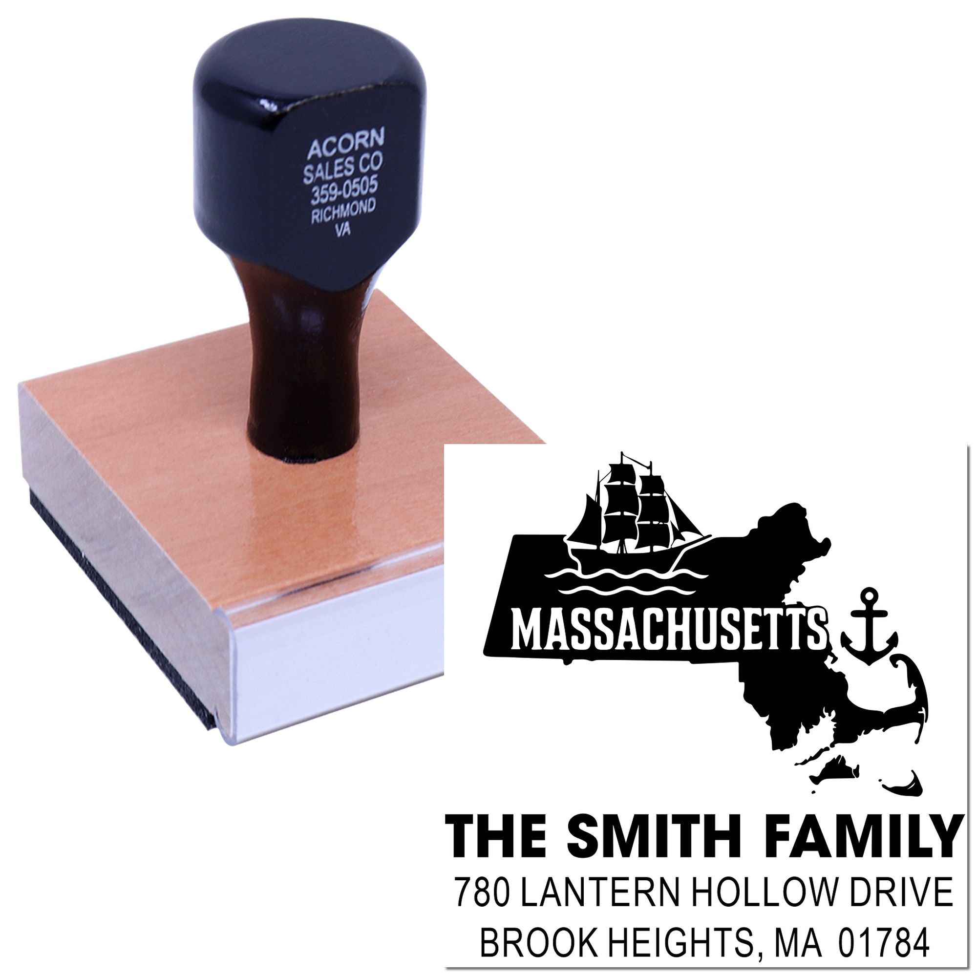 Custom Massachusetts return address rubber stamp with family name, state silhouette, and mailing address.