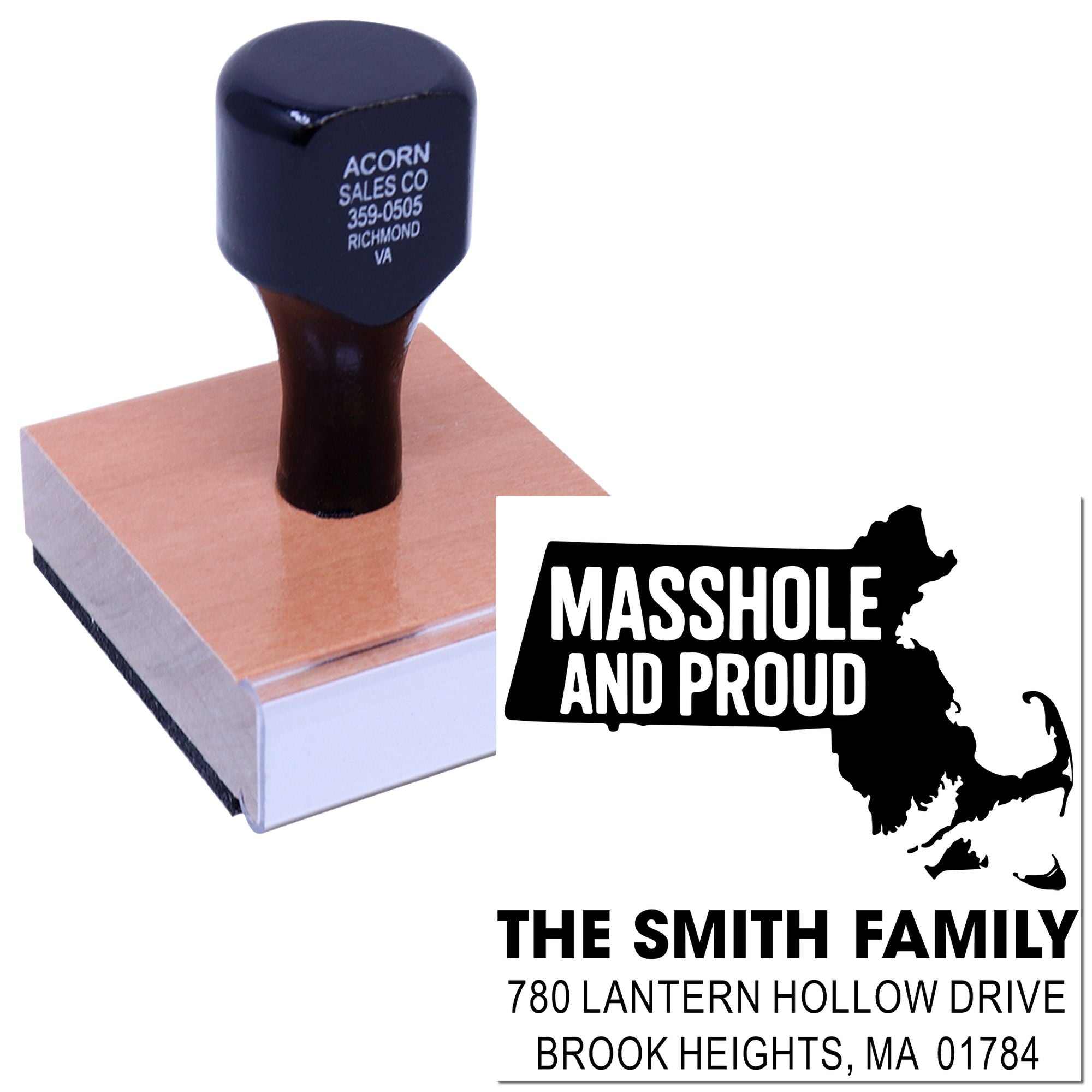 Custom Massachusetts rubber stamp for Masshole and Proud family address imprint with state outline
