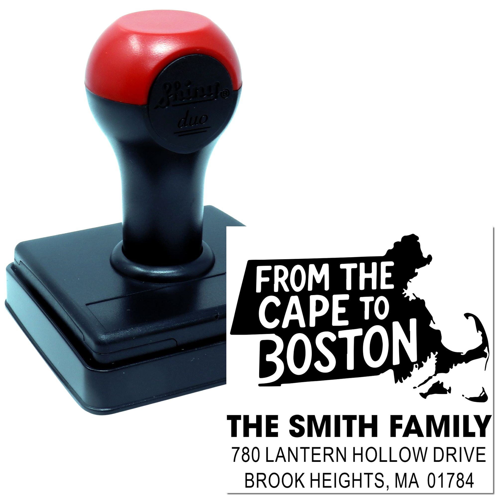 Personalized self-inking rubber stamp for return address use, featuring a Cape to Boston design and Smith Family address.