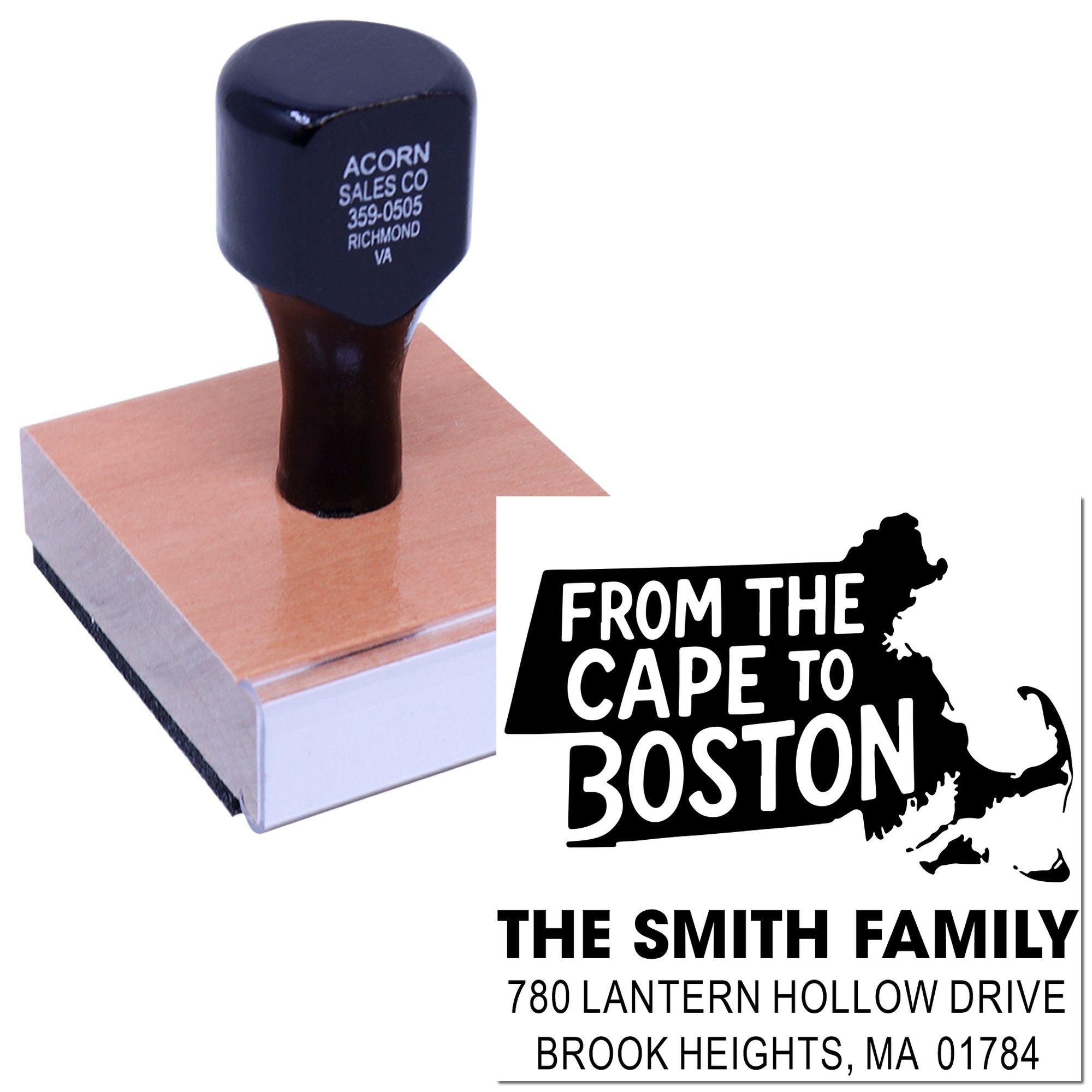 Custom rubber stamp with wood handle showing personalized family return address and From the Cape to Boston imprint.