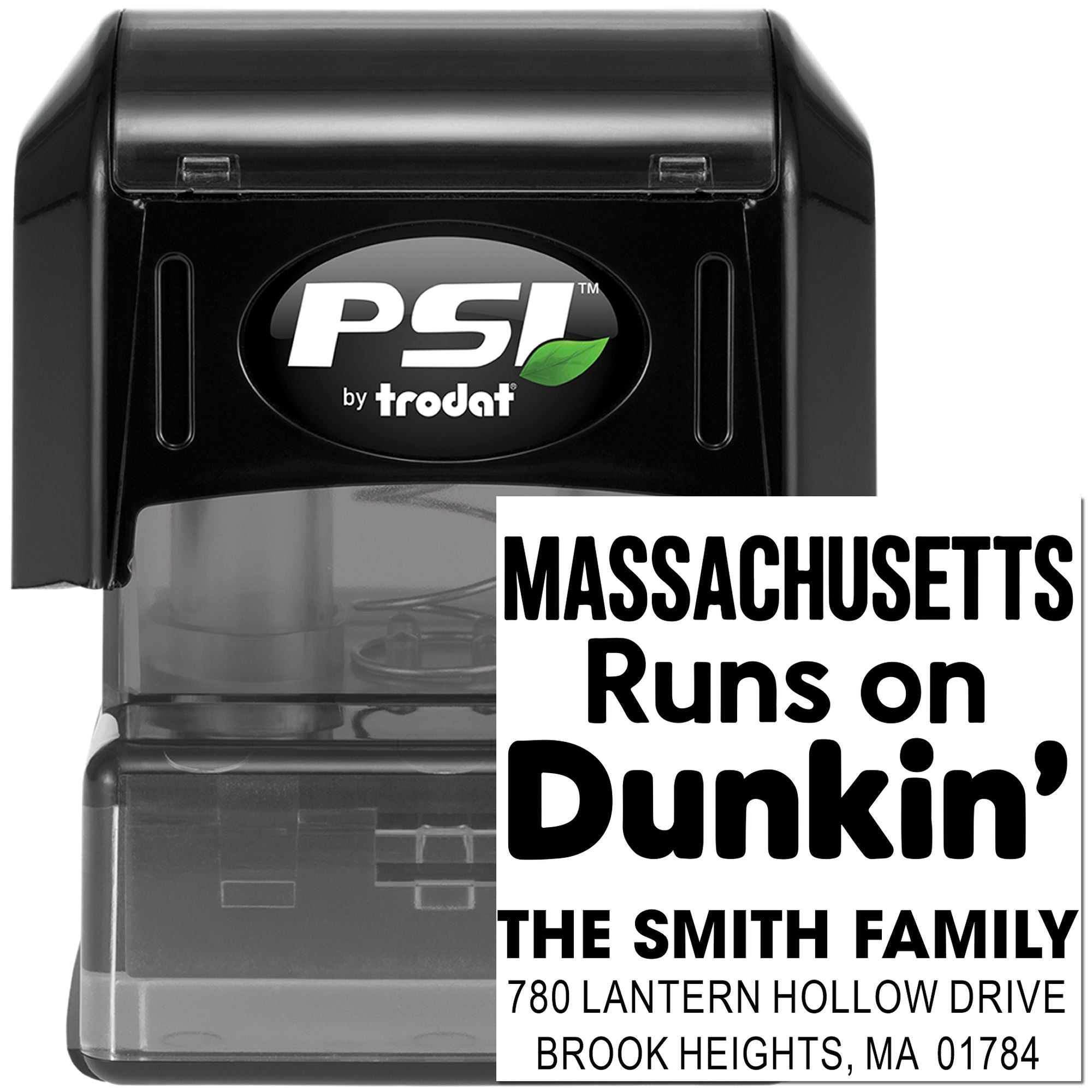 Custom self-inking rubber stamp featuring Massachusetts Runs on Dunkin' and The Smith Family address for mailing labels.