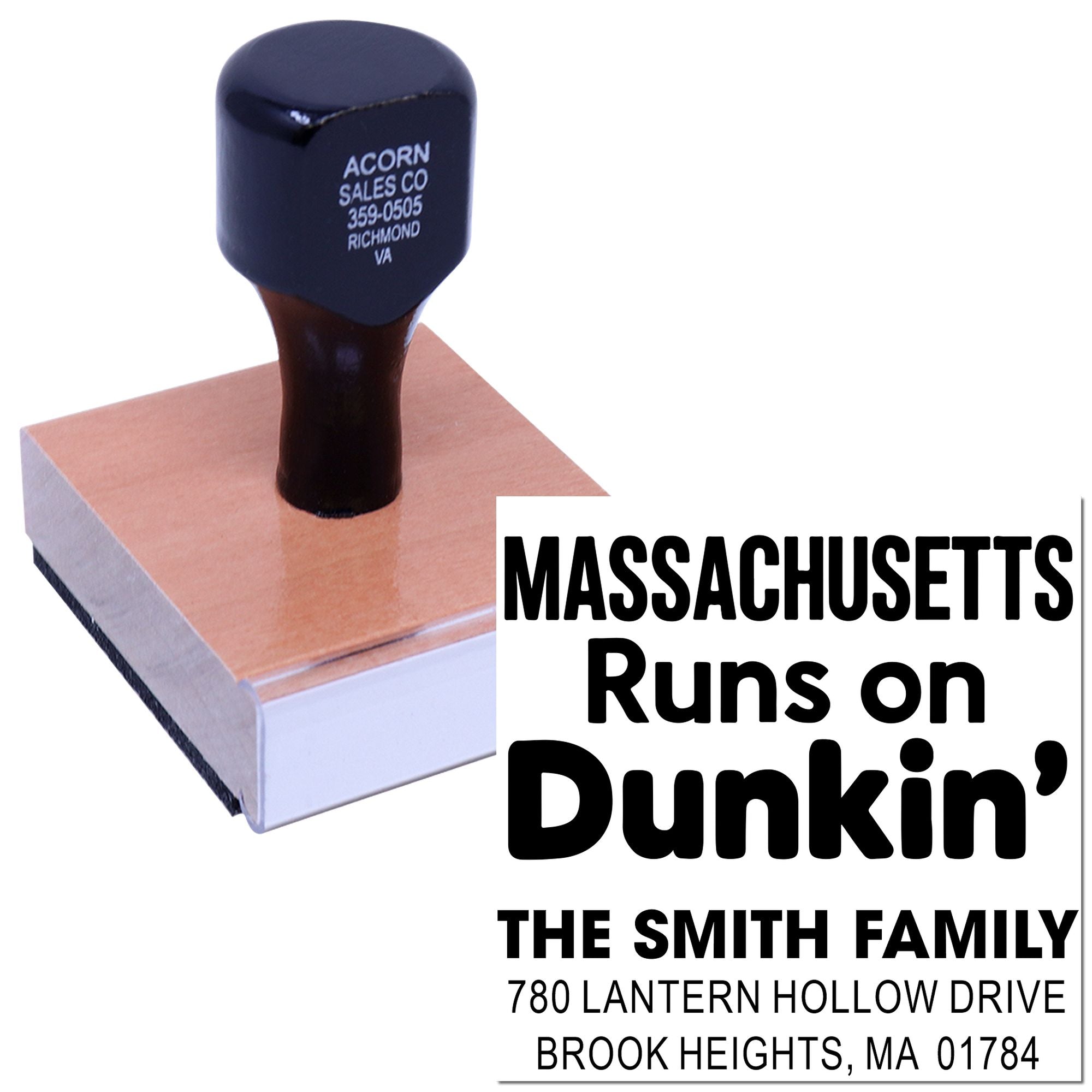 Custom self-inking rubber stamp with Massachusetts Runs on Dunkin' return address for The Smith Family.