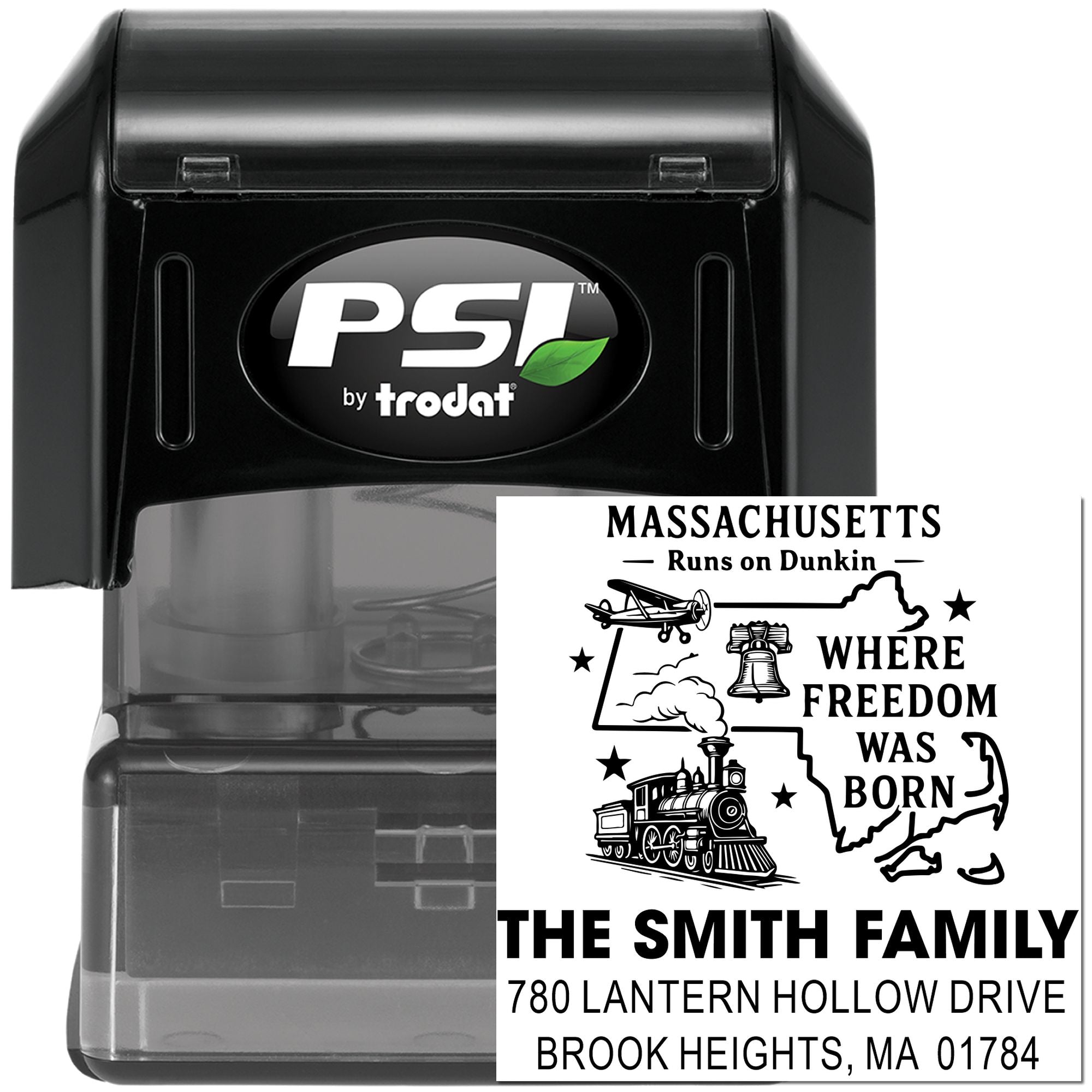 PSI by Trodat self-inking rubber stamp with custom Massachusetts family return address design for envelopes and home mail.