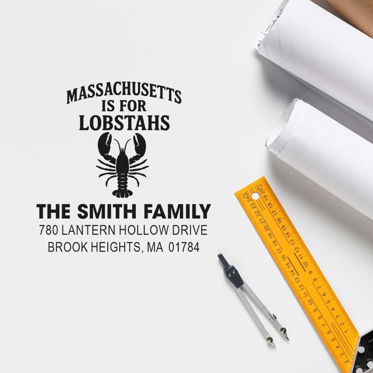 Personalized address rubber stamp with Massachusetts lobster design for The Smith Family, Brook Heights, MA 01784